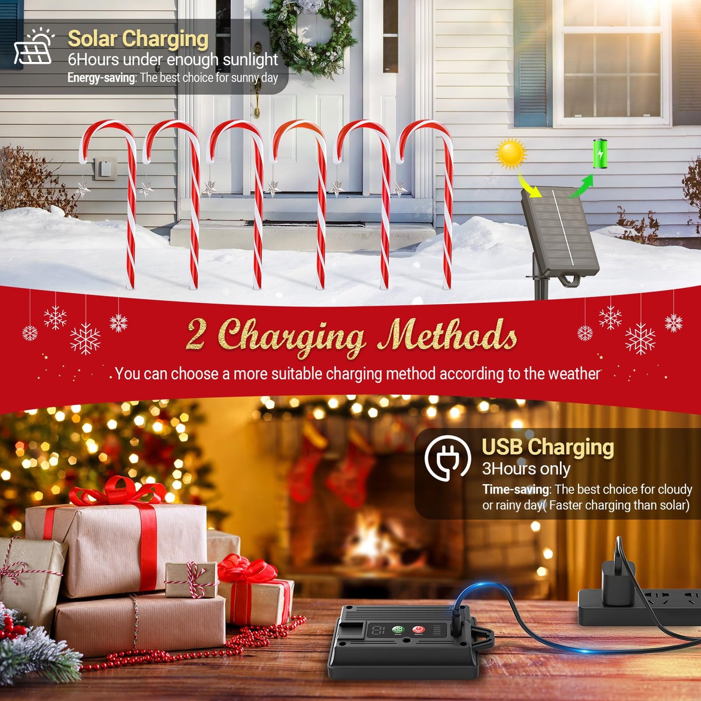 BUCASA 24 Pack Christmas Decorations Outdoor Solar Candy Cane Lights, 144 LEDs, 10 Modes, Waterproof, USB Rechargeable, Perfect for Yard, Garden, Pathway