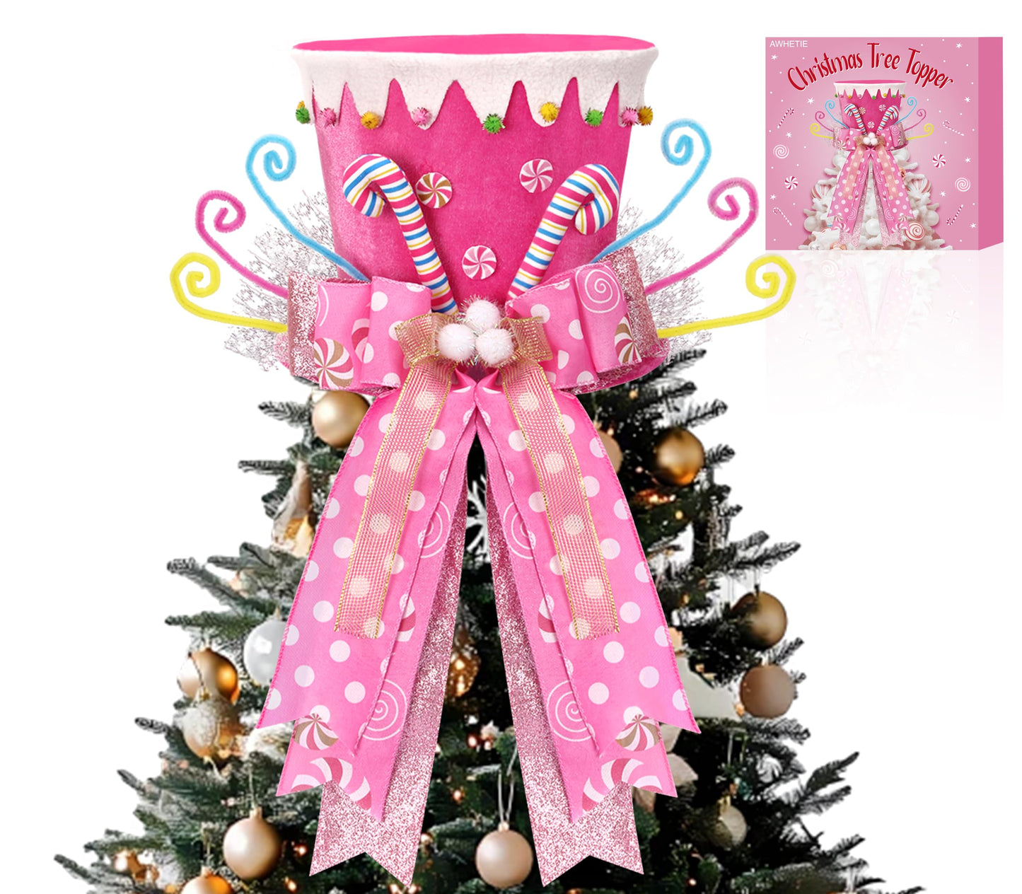 AWHETIE Candy Cane Christmas Tree Topper,Candy Cane Christmas Decorations,Velvet Pink Hat with Peppermint Bows Ribbon Ornaments,Top Hat Christmas Tree Topper for Holiday Xmas Decorations (Pink)