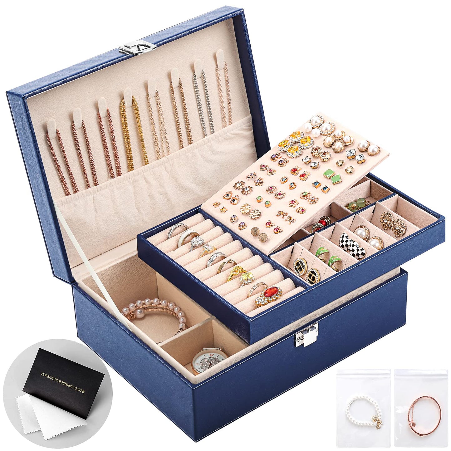 Jewelry Organizer Box PU Leather Jewelry Box for Girls Womens Earring Organizer Boxes 2 Layer Large Jewelry Storage Case Removable Tray for Necklace Earring Ring with Polishing Cloth and Jewelry Bags