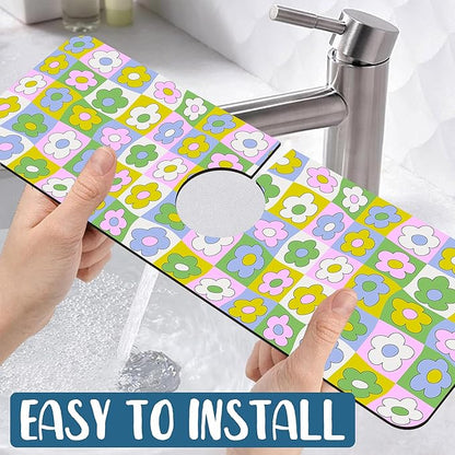 Cute Flowers Kitchen Sink Splash Guard Faucet Mat Retro Floral Super Absorbent