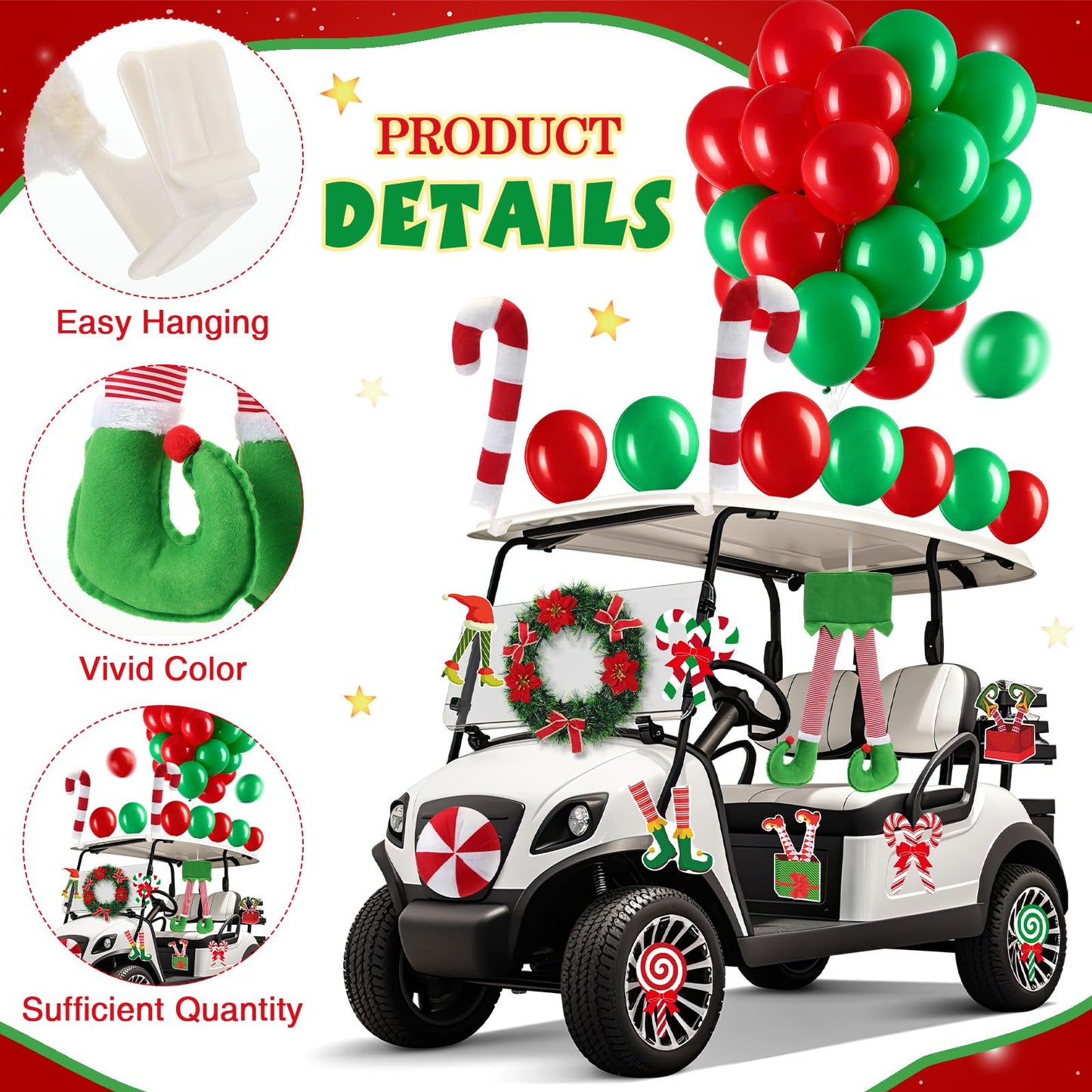 Soulchen 73 Pcs Christmas Car Decoration Kit Candy Cane Santa Claus Nose Hanging Elf Legs Xmas Wreath PVC Decoration Red Green Balloons Christmas Candy Car Accessories for Truck Vehicle Decorations