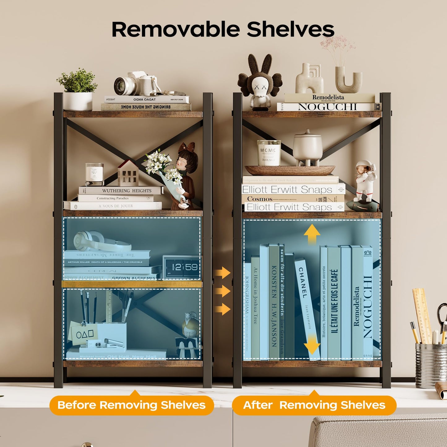 Desktop Bookshelf, 4-Tier Stackable Narrow Bookcase, Adjustable Industrial Desk Organizer & Hutch - Rustic Brown Wood Desktop Book Organizer for Living Room, Bedroom & Home Office
