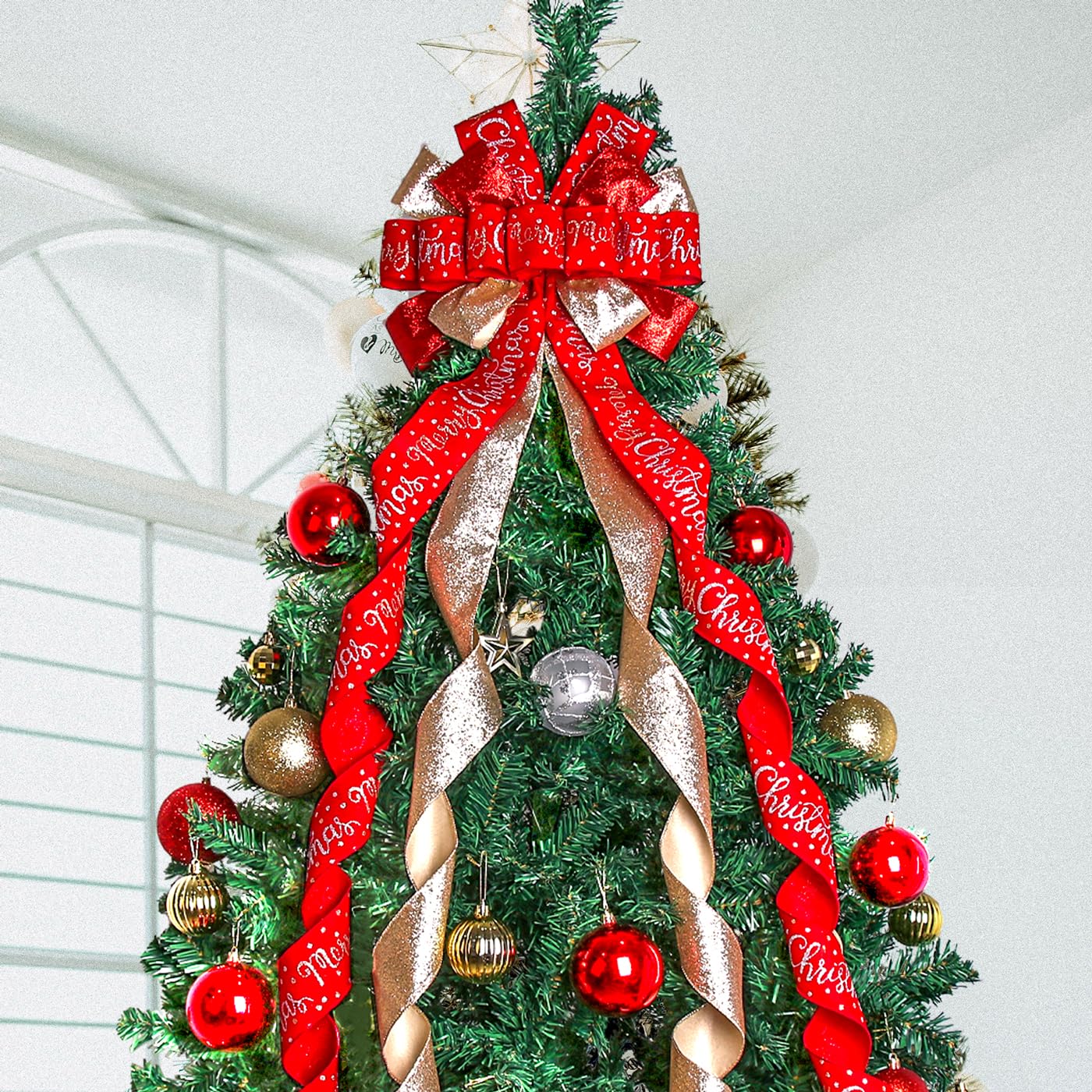 Christmas Tree Topper Bow Christmas Wreath Bow 52x13 Inches Large Burlap with White Red Polyester Edge Gift Bow for Xmas Tree Décor Christmas Home Indoor Outdoor Decoration