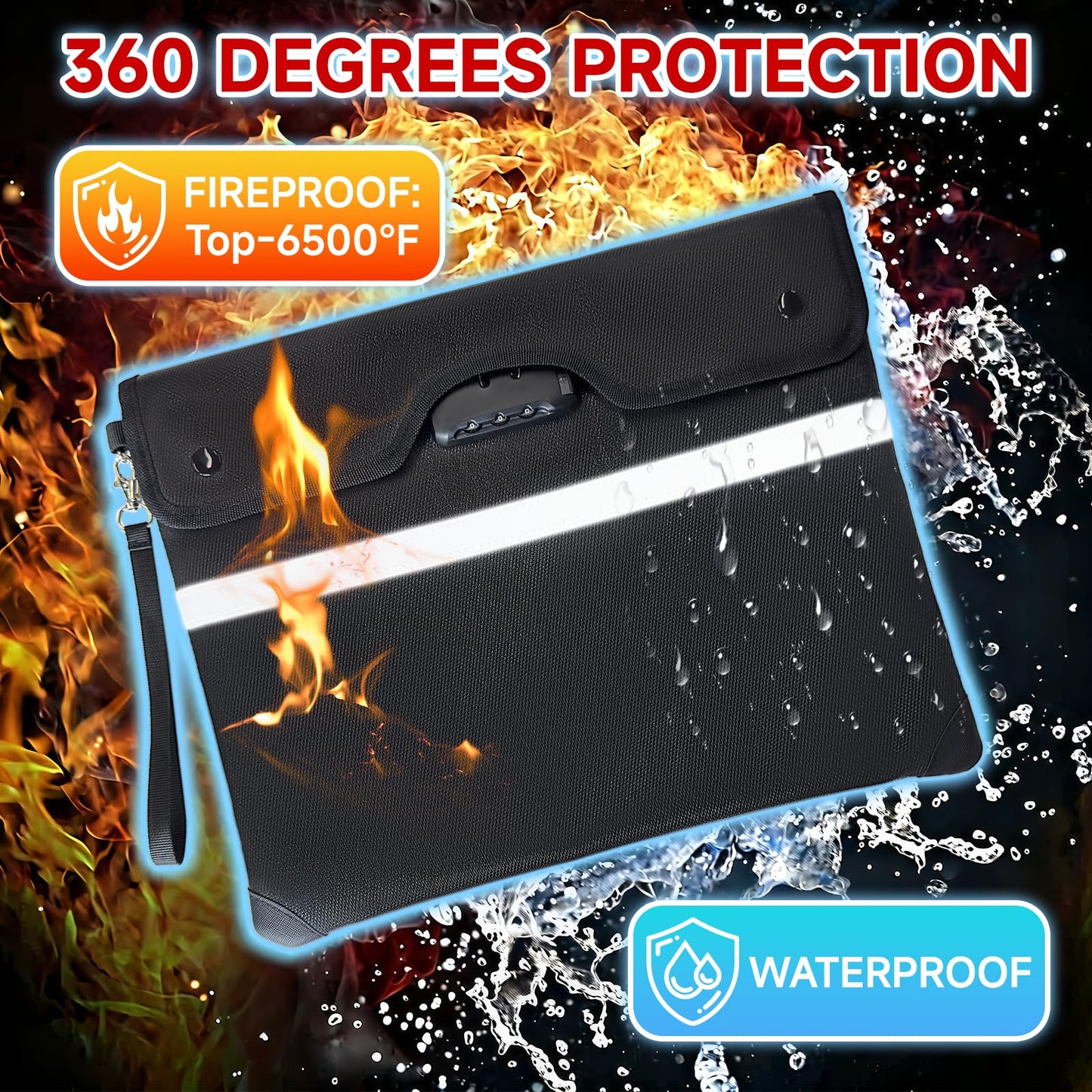 Upgraded 6500°F Fireproof Document Bag with Lock, Waterproof 9-Layer Heat Insulated | Dual-Liner Card Slot Money Bag with Zipper/Reflective Strip for Passport, Important Paper, Cash(15 x 12In)