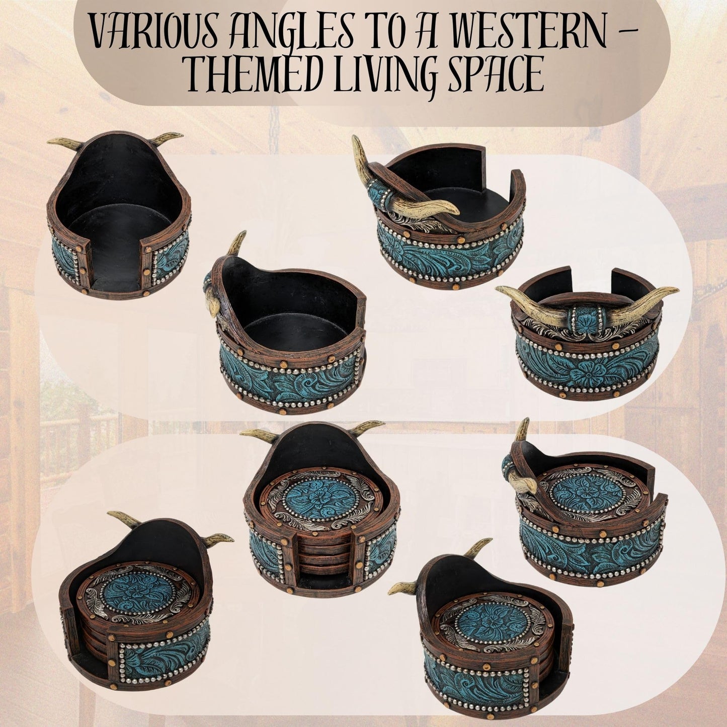 BestGiftEver Rustic Southwestern Coasters Set: Faux Horn & Tooled Leather-Inspired Western Home Decor, Lodge, Cabin - Unique Gift for Cowboy Ranch Theme Enthusiasts