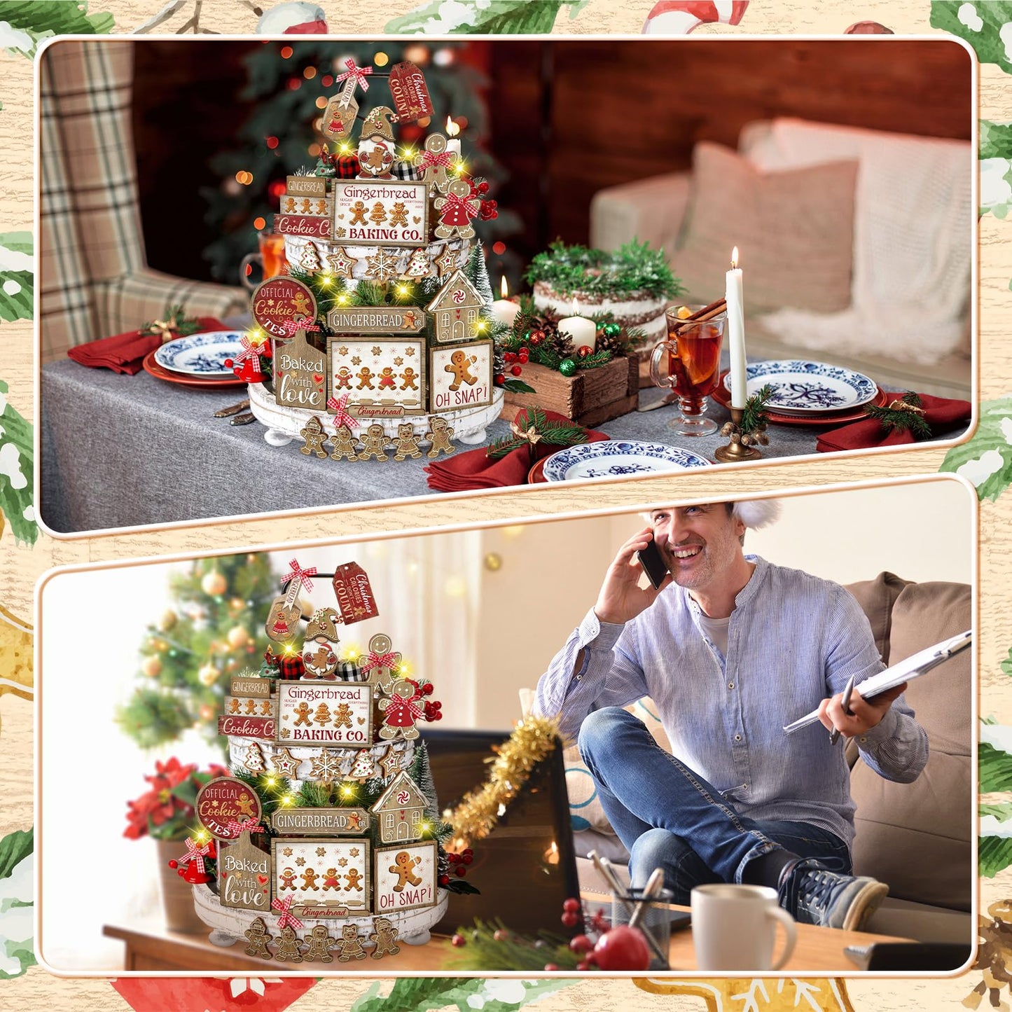 Shellwei 24 Pcs Christmas Tiered Tray Decor Set Wood Rustic Gingerbread Christmas Decoration Winter Farmhouse Decor Xmas Trees Gnome Elk Snowflake Signs for Table Shelf Home Centerpiece (Cute)