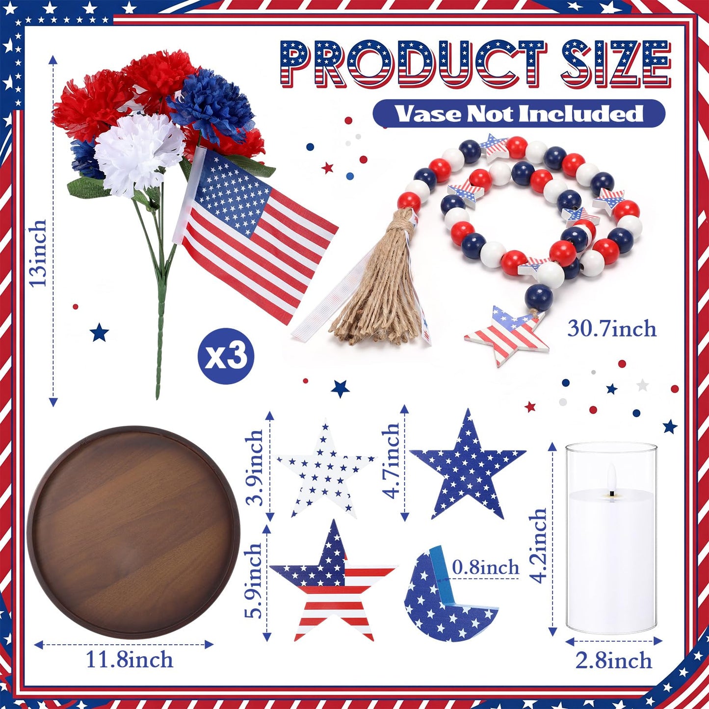 4th of July Decorations Centerpiece Table Decor, 250th Anniversary Patriotic Red White Blue Flowers with Mini Flags, Wooden Stars, Tray, LED Candle Bead Garland for Independence Day Party Home Decor