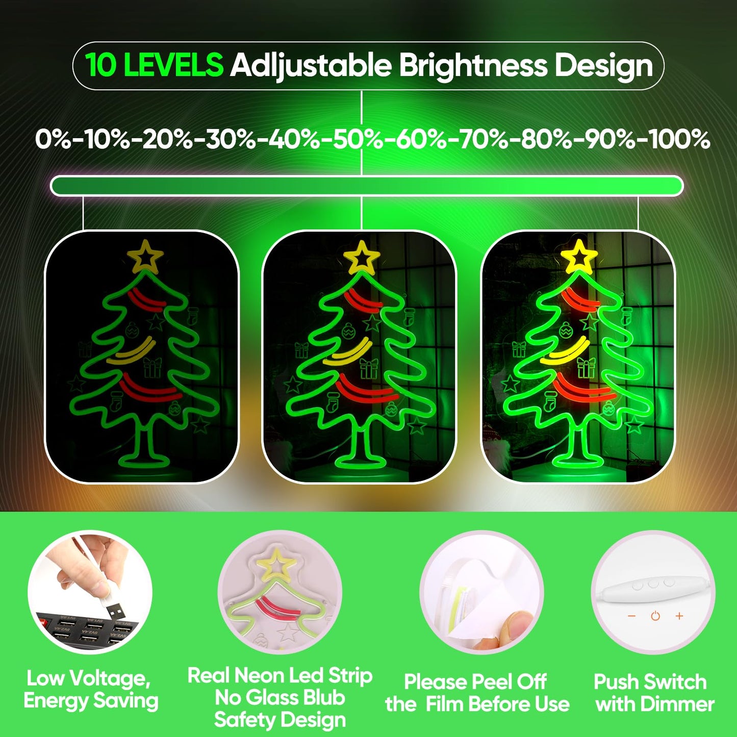 Radineon Christmas Tree Neon Sign for Wall Decor, Dimmable LED Neon Lights with Hanging Chain for Bedroom, Living Room, Window, Home, Party, Christmas Decoration（15.7 * 11 Inches）