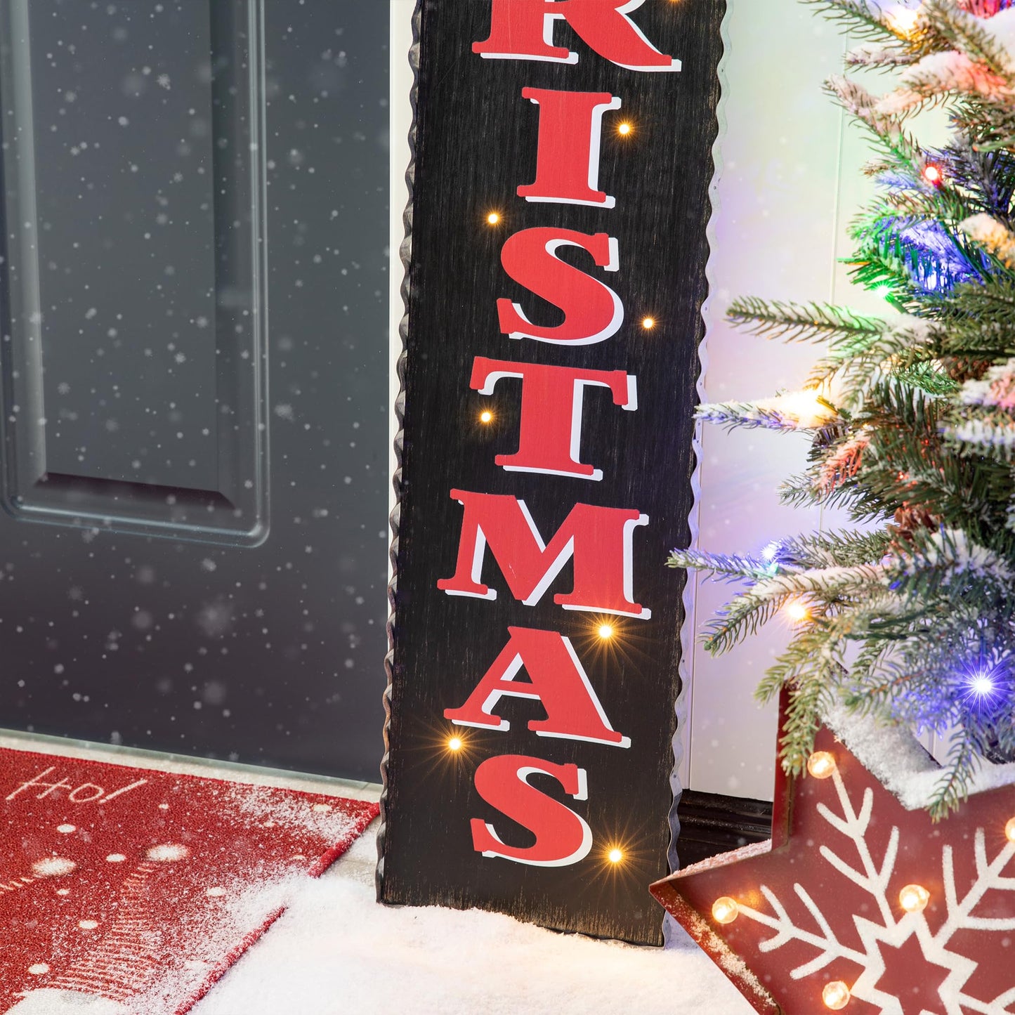 Glitzhome 42" H Lighted Wooden Black Christmas Porch Sign, Rustic Merry Christmas Vertical Porch Décor, Standing Hanging Holiday Party Signs Wall Door Decorations for Xmas