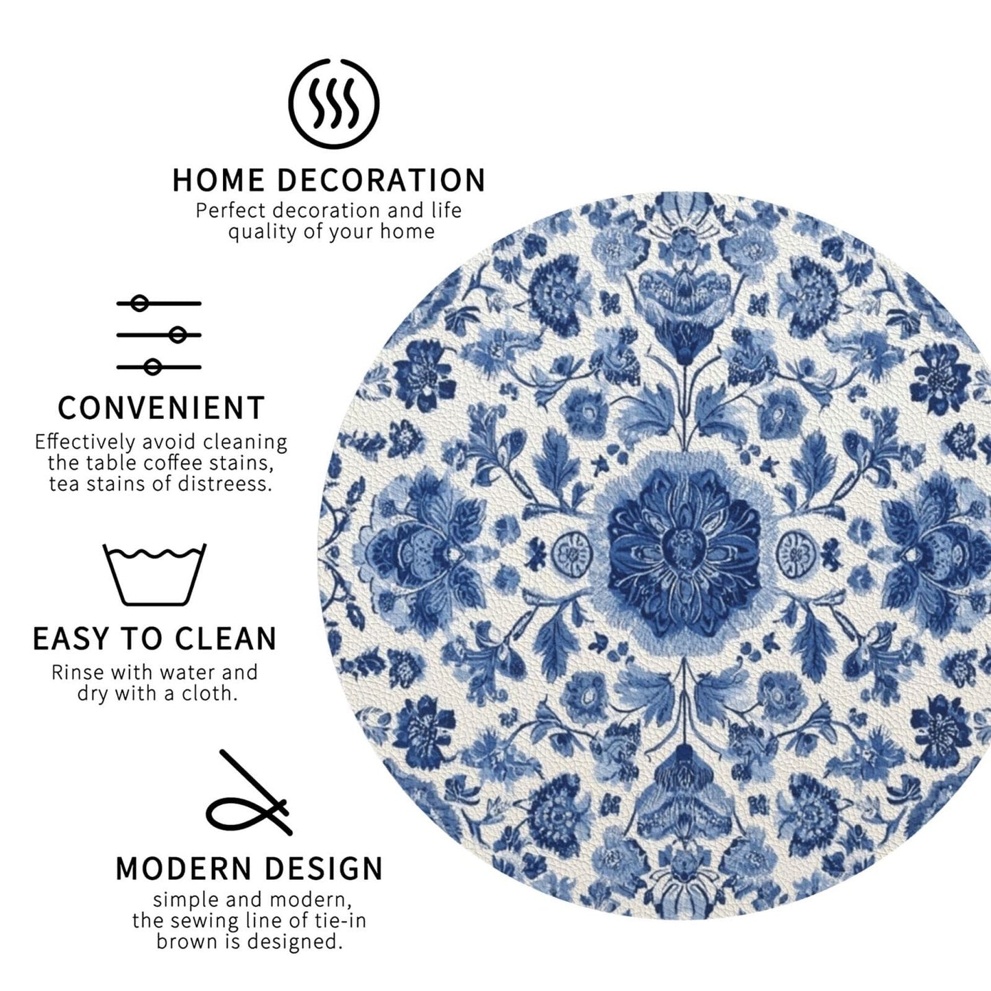 White Blue Pattern Coasters for Drinks Absorbent Leather Coasters Set of 6 for Coffee Table Cup Bar Desk Round Coaster Mats Holiday New Home Decors