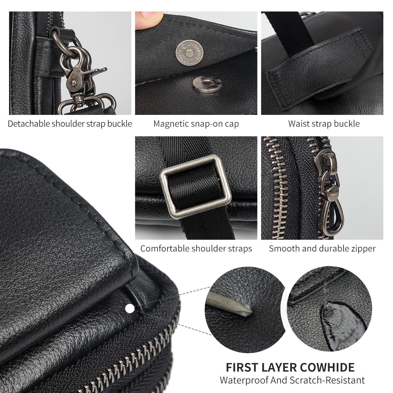 Augus Genuine Leather Small Crossbody Bag Cell Phone Messenger Purse Shoulder Handbag for Daily Use for Women and Men (Black-1)