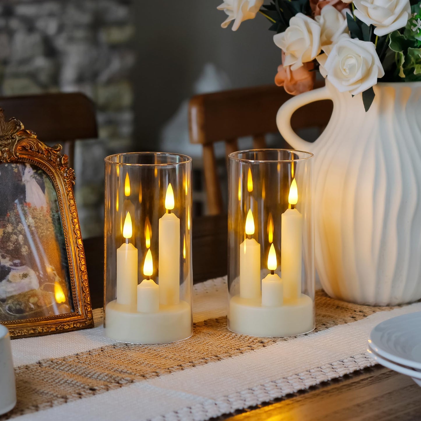 Zevanor 3 in 1 Flameless Taper Short Candles with 10 Key Remote Control and Timer, Battery Operated Pack of 2 LED Acrylic 3" x6" White Pillar Flickering Warm Light