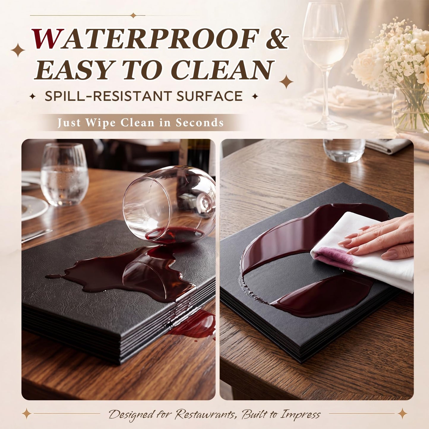 Durable PU Leather Material: PU Leather Resists Scratches, Stains, and wear, Keeping menus Looking Professional and Clean in Busy Restaurants, cafes, and Bars