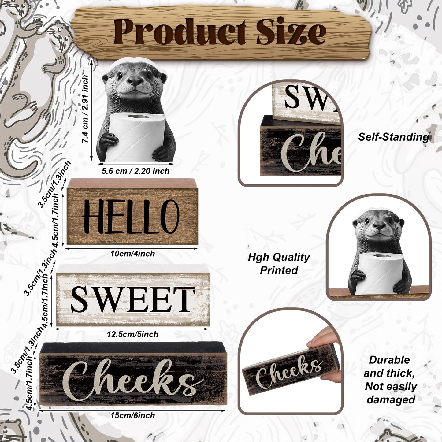 Moucuny 4 Pcs Otter Bathroom Decor Set Farmhouse Bathroom Decor and Accessories Rustic Hello Sweet Cheeks Wooden Blocks Signs with Toilet Paper Funny Toilet Shelf Decoration for Home Office Half Bath