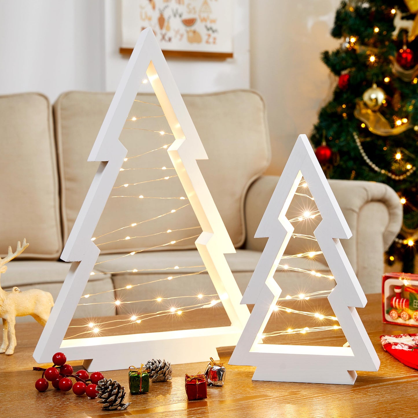 Neoflavie 2 Pcs Wood Christmas Tree with Lights-Modern Farmhouse Lighted Tabletop Christmas Tree Decor for Christmas Holiday Decorations Home Party Table Fireplace Mantle Shelf Decor(White)