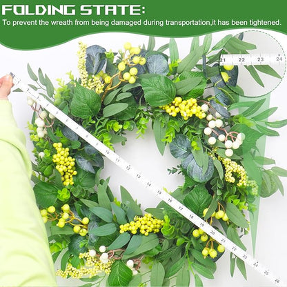 Artificial Green Eucalyptus Wreath for Front Door: 24 Inch Summer Wreaths for Indoor and Outdoor Decor, Large Boxwood Wreath for All Seasons, Spring Greenery Wreaths for Indoor/Outdoor Decorations