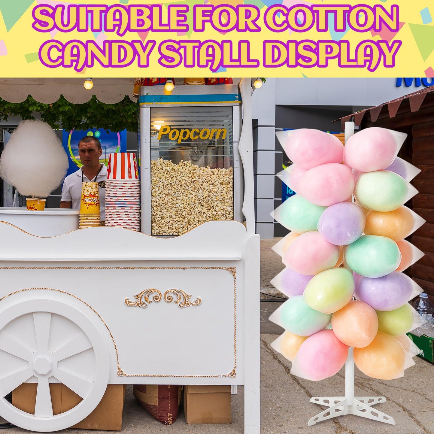 Novabright 1 Pack Plastic Cotton Candy Stand 5.25 ft Tall Cake Pop Stand with 48 Holes Adjustable Cotton Candy Floor Display for Christmas Wedding Birthday Baby Shower Party Anniversaries