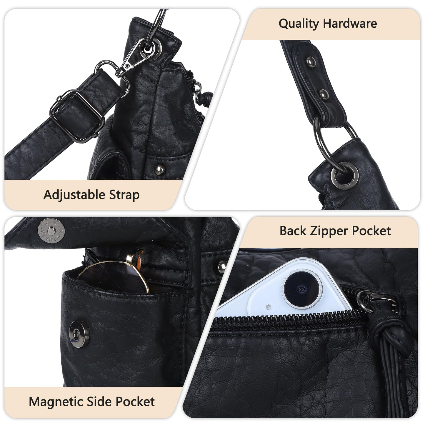 Angel Kiss Hobo Bag for Women Small, Soft Vegan Leather Shoulder Purses and Handbag with Multi-Pocket, Retro Tote Bag Crossbody with Top-Handle and Removable Strap,Black