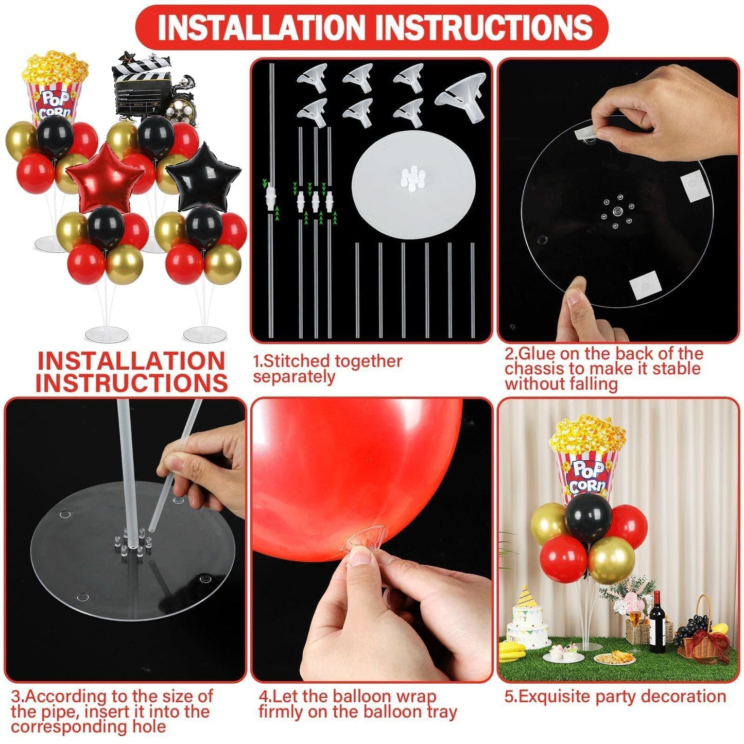 4 Sets Movie Night Party Balloons Stand Kit with Popcorn Clapboard Star Foil Balloons Red Black Gold Themed Party Balloon Centerpiece for Tables for Birthday Camera Film Party Movie Themed Decorations