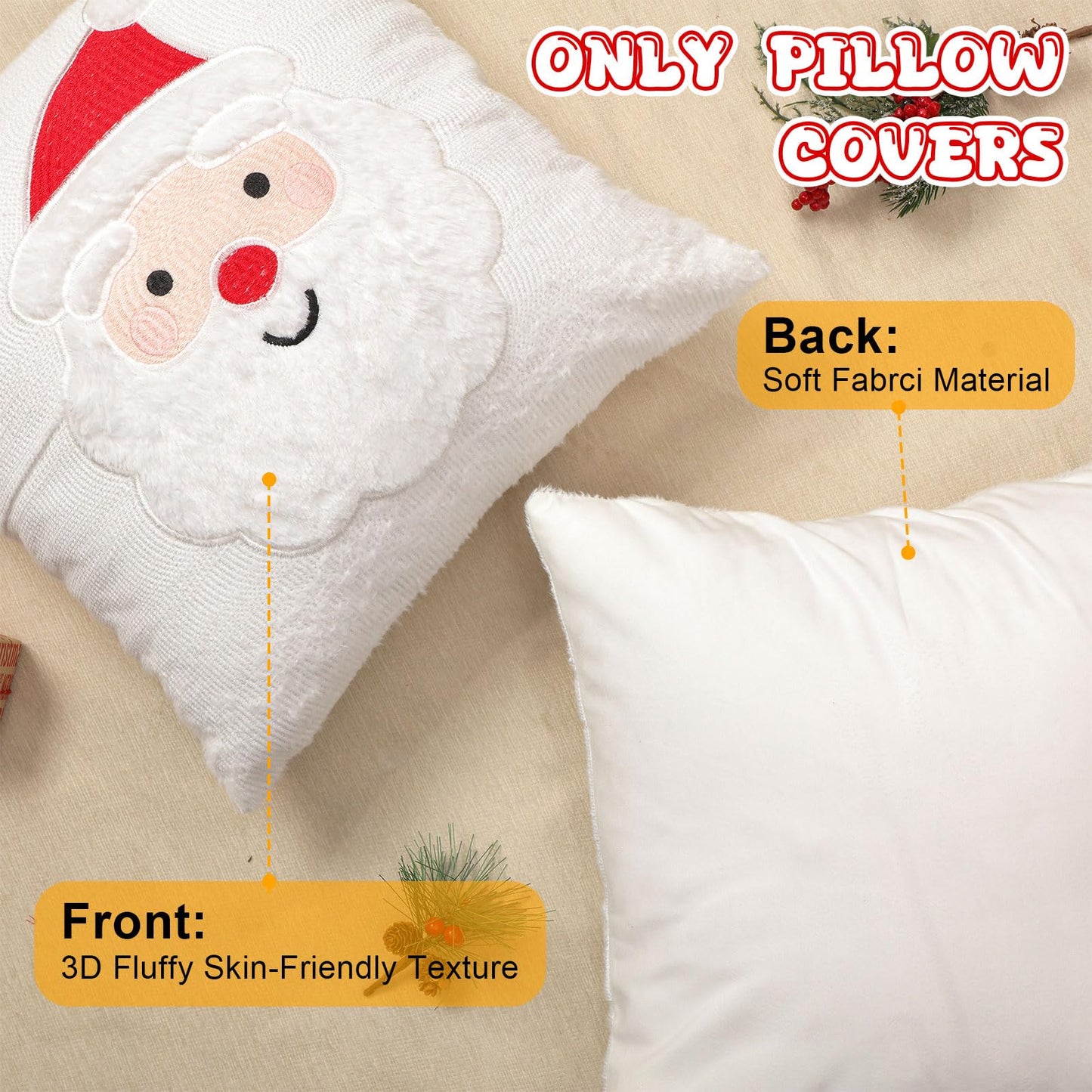 Tranqun 2 Pcs Christmas Pillow Covers, Santa Claus Square Embroidered Throw Pillow Covers for Christmas Winter Decoration for Bed and Sofa (18x18 Inch)