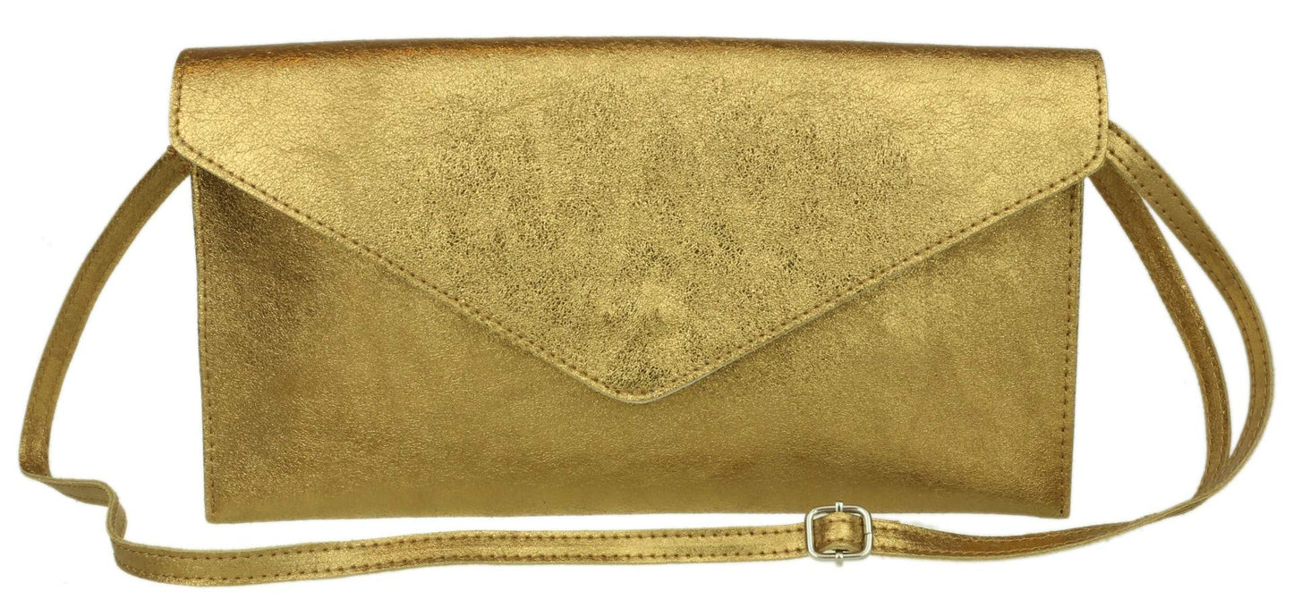 Girly HandBags Womens Italian Suede Leather Envelope Clutch Bag (Metallic Old Gold)