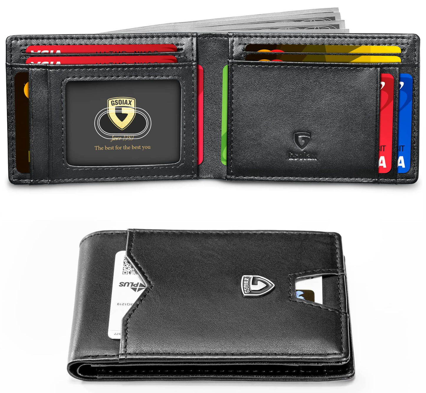 GSOIAX Slim Wallet for Men Rfid Blocking Leather Bifold Front Pocket Carbon Fiber Credit Card Holder Novelty Wallets With Gift Box (Black)