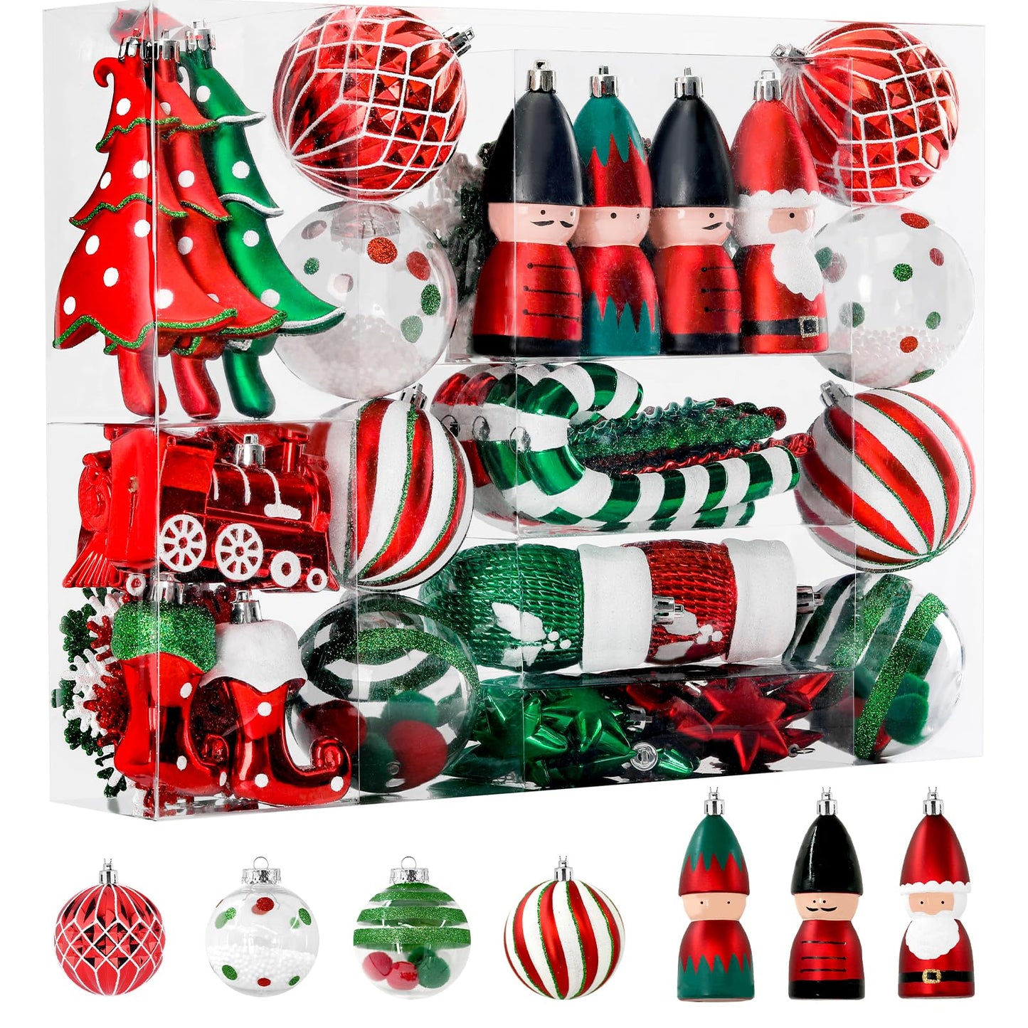 Alupssuc 95pcs Christmas Balls Ornaments Set, Shatterproof Plastic Baubles, Soldiers, Christmas Socks for Xmas Tree Holiday Wedding Party Decorations with Hanging Strings, White, Red and Green