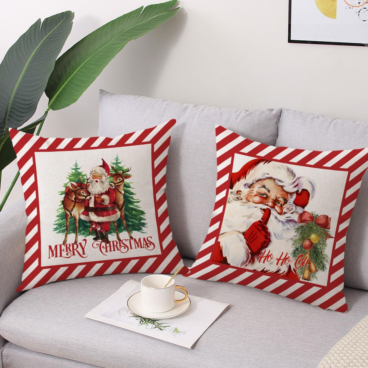 Coeufuedy Christmas Pillow Covers 18x18 Set of 4 Candy Canes Elk Santa Claus Sleigh Rides Winter Holiday Decoration Cushion Case for Sofa Couch Home Decor