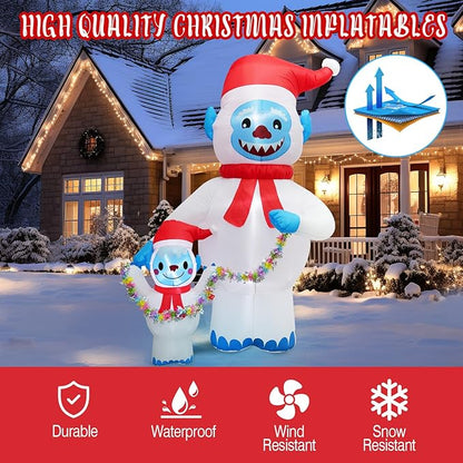 8FT Christmas Inflatables Yeti Family with Santa Hat, Christmas Blow up Yard Decoration Inflatable Snowman Monster Built-in 4 LED for Christmas Decorations Outdoor Indoor Xmas Gifts