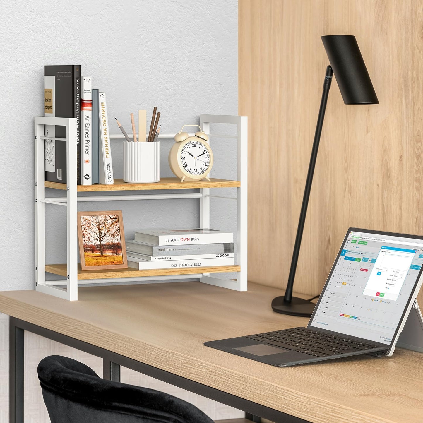 ART-GIFTREE Office Desk Shelf Organizer, Wood Desktop Bookshelf Supplies Storage Rack, Shelf for Top of Desk and Dresser (White-2 Tier)