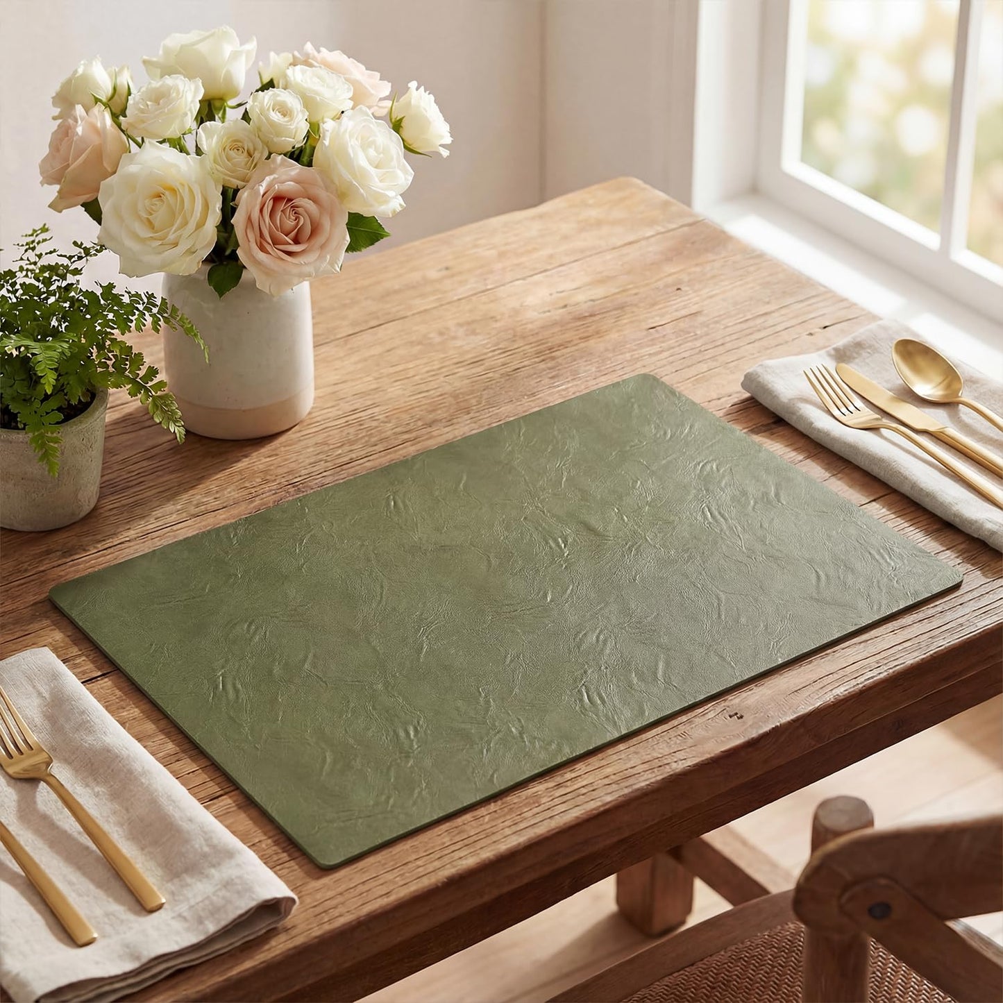 Artoid Mode Olive Green Faux Leather Placemats Set of 6, 12x18 Inch Waterproof Wipeable Heat Resistant Vinyl Place Mats, Reversible Table Mats for Kitchen Dining Decor