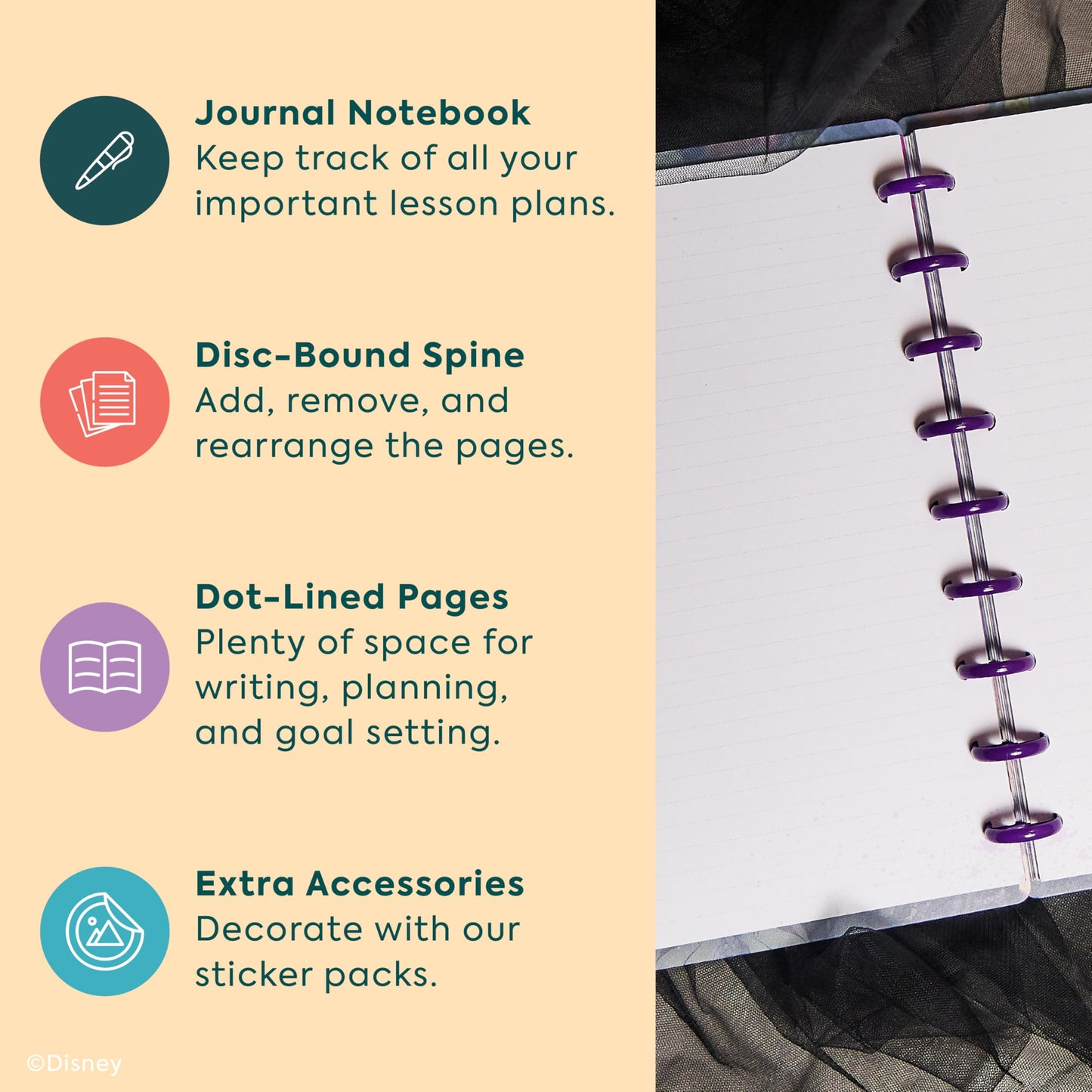 Happy Planner Disney Villains Notebook for Office, School or Journaling, Disc-Bound Notebook, Classic Size, 7" x 9.25", 60 Dot-Lined Pages, Made for Mayhem