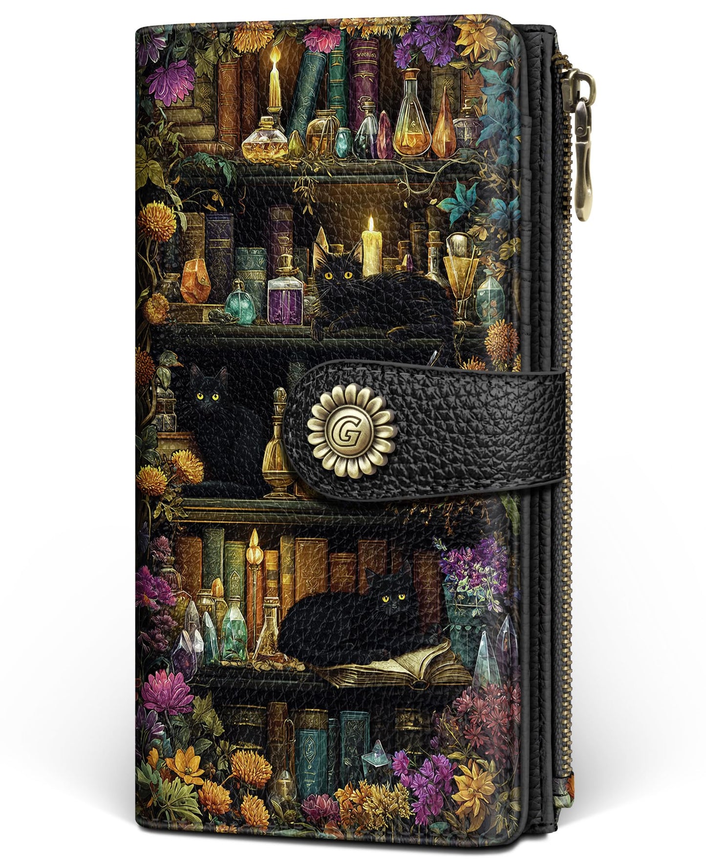 GIANCOMICS Black Cat Book Shelf Womens Wallet RFID Blocking, Witchy Credit Card Holder Bifold, PU Leather Travel Billfold, Long Cute Cash Purse, Zipper Coin Pocket Clutch, Card Slot, Ladies Gift Woman