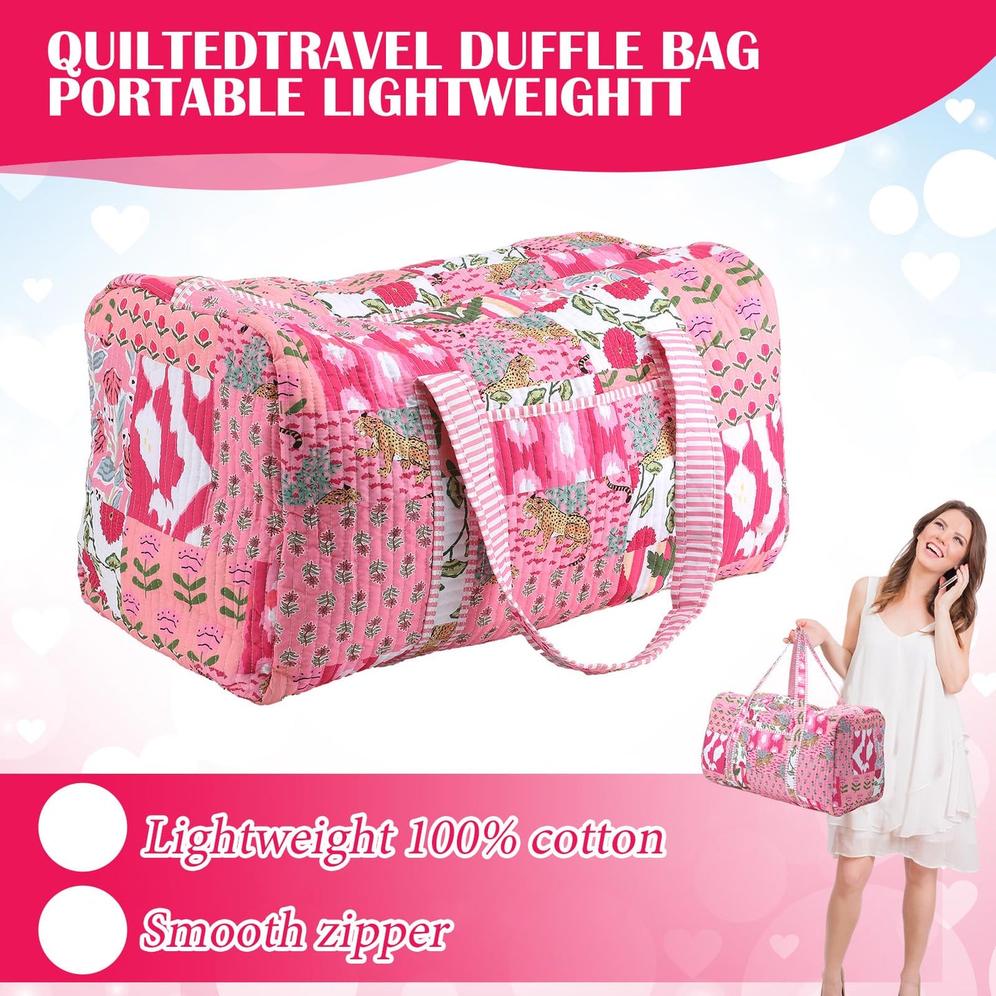 SilTriangle Large Cotton Patches Duffle Bags Block Print Quilted Fabric Weekender Bags for Women Holiday Gifts Handmade Colorful Travel Overnight Bag