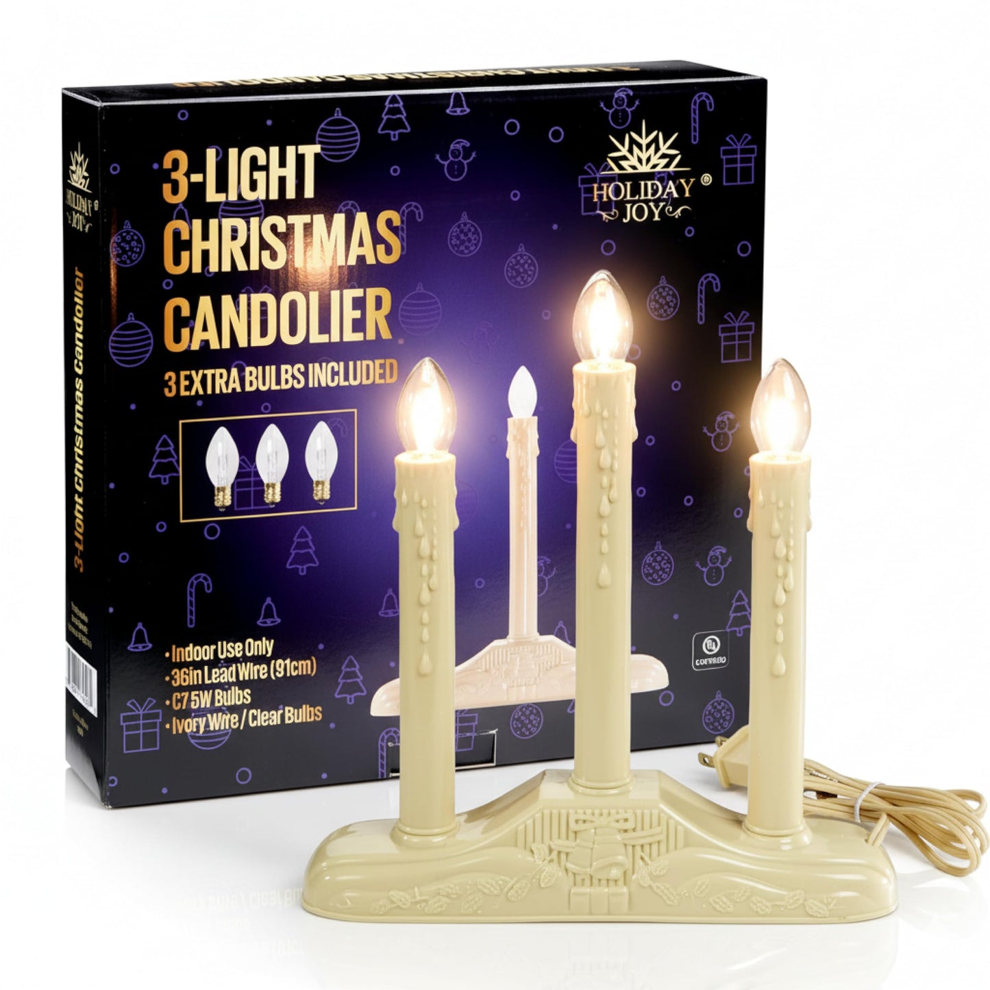 Holiday Joy - 3 Light Candle Candoliers Extra Bulbs - Great Electric Window Candle Lamp and Christmas Decorations (3 Lights)