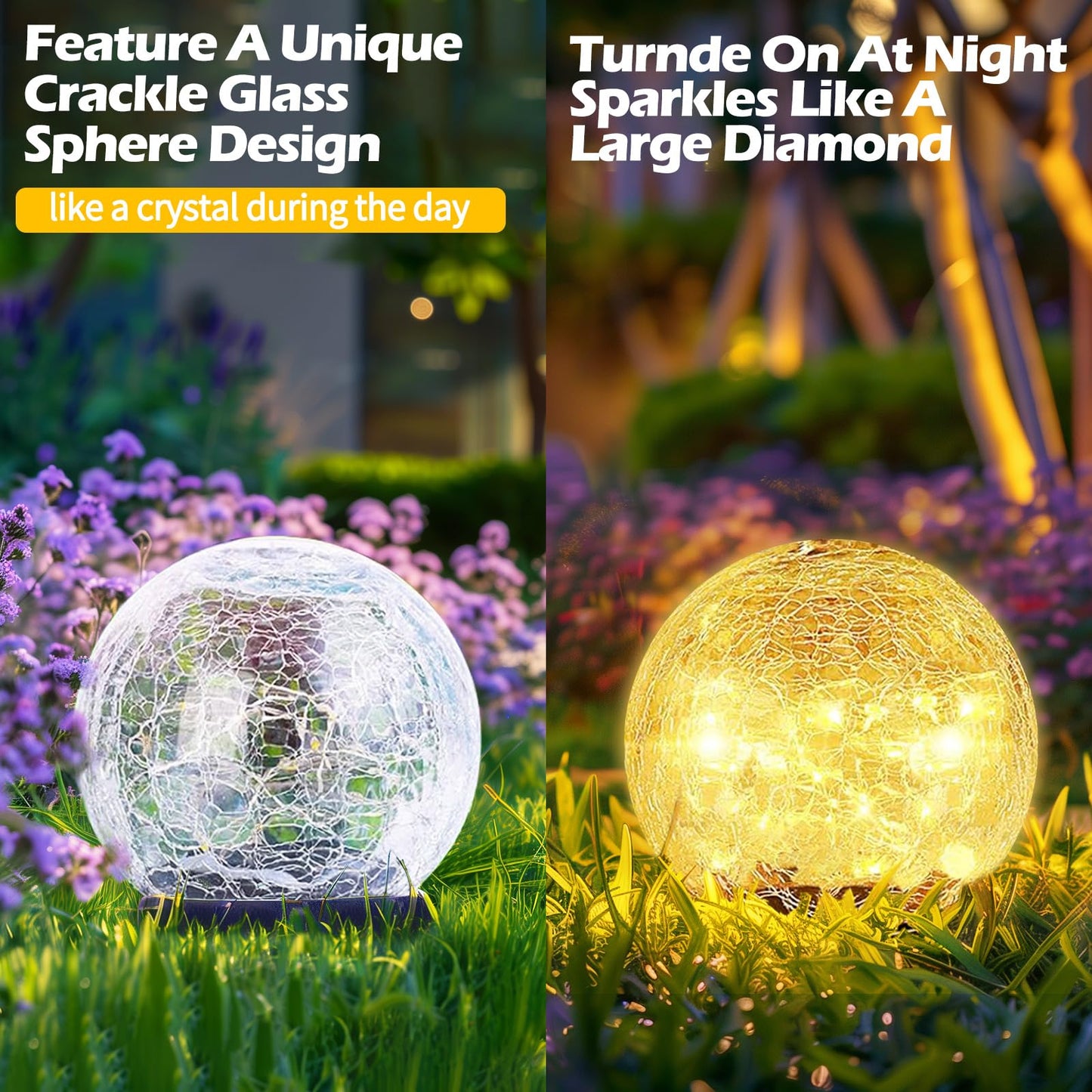 Coroor Garden Solar Ball Lights Outdoor Waterproof, 50 LED Cracked Glass Globe Solar Power Ground Lights for Path Yard Patio Lawn, Christmas Decoration Landscape Warm White(2 Pack 4.7'')