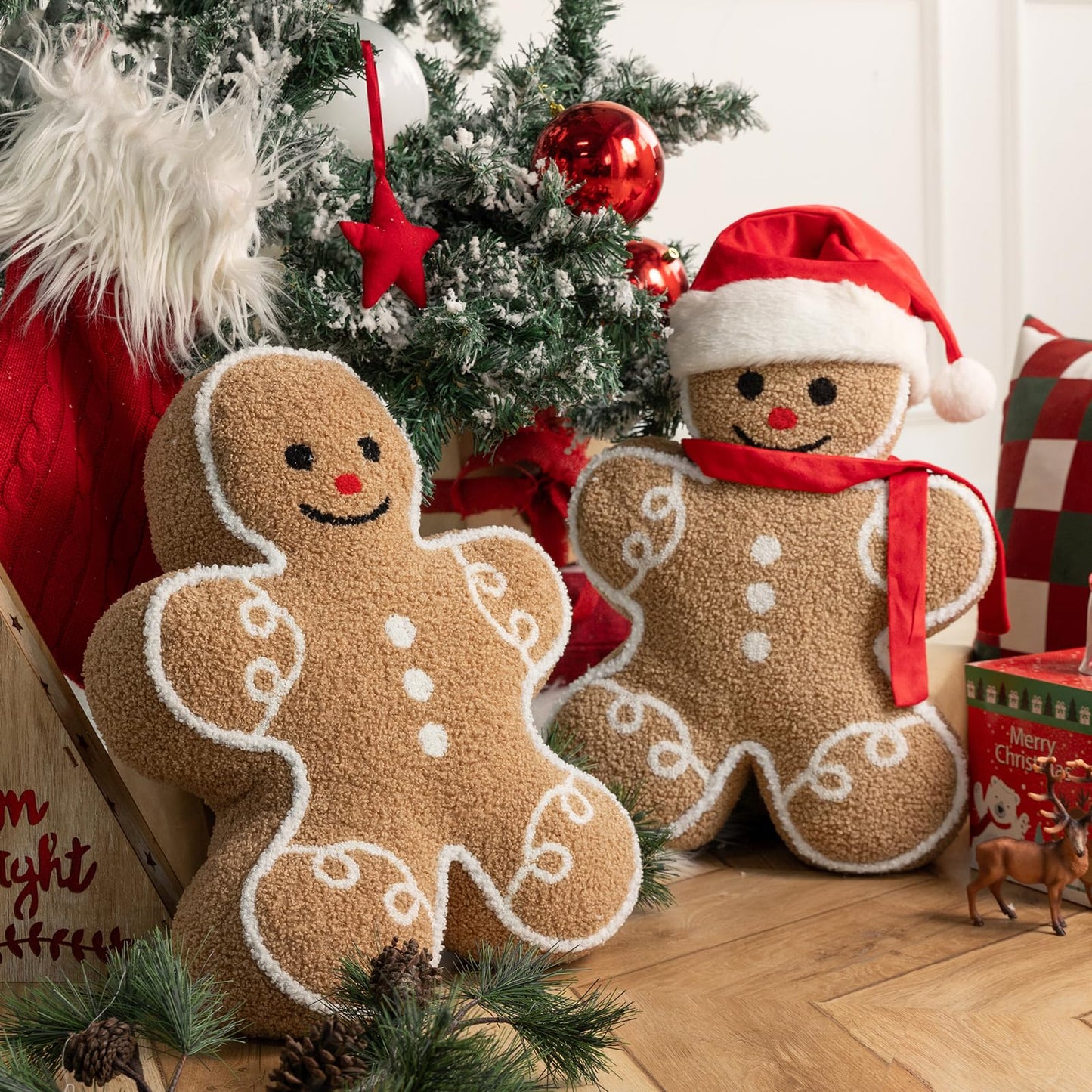 Phantoscope Gingerbread Man Merry Christmas Throw Pillow, Plush Teddy Xmas Gingerbread Shaped Pillows Christmas Decorative Pillow for Couch Living Room Bed, Beige,13 x 17 inches