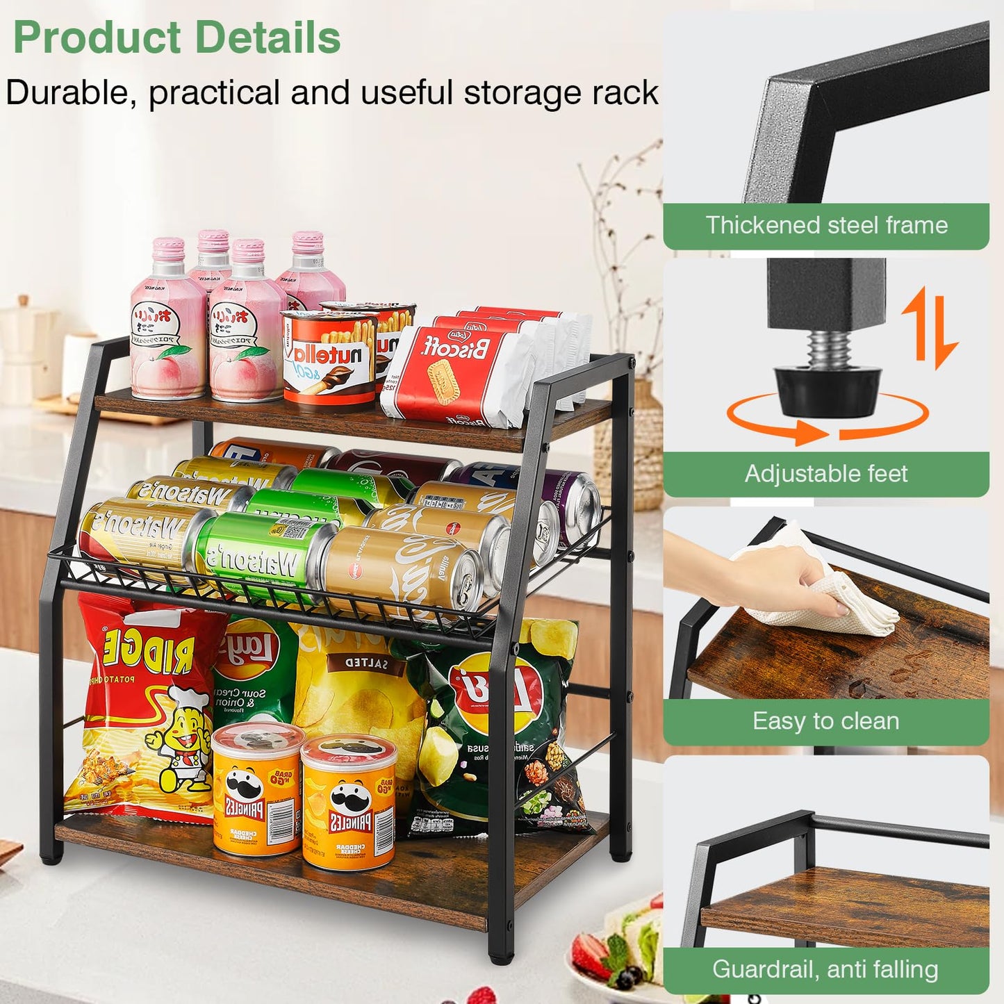 YIYYZI Kitchen Countertop Organizer, Snack Organizer Candy Display Stand Coffee Station Organizer, 3 Tier Wooden Counter Storage for Soda Cans Condiment Tea, for Pantry Office Bathroom, White (Black)