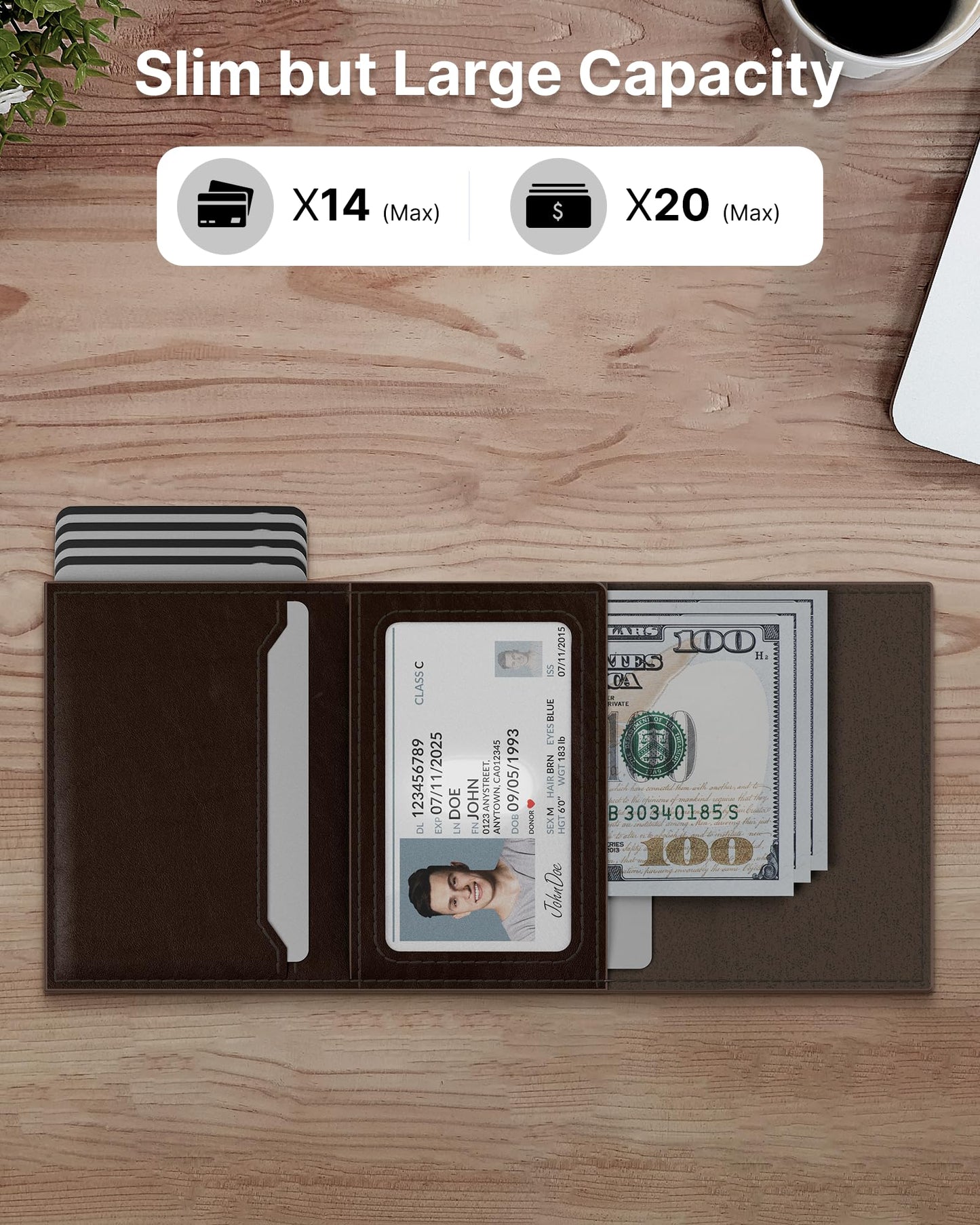 typecase Mens Wallet Card Holder: Pop Up Aluminum Case, Genuine Leather, Smart, RFID Blocking, Slim, Minimalist, Front Pocket - 9-14 Card Capacity | ID Window | Cash Slot (Black Brown)