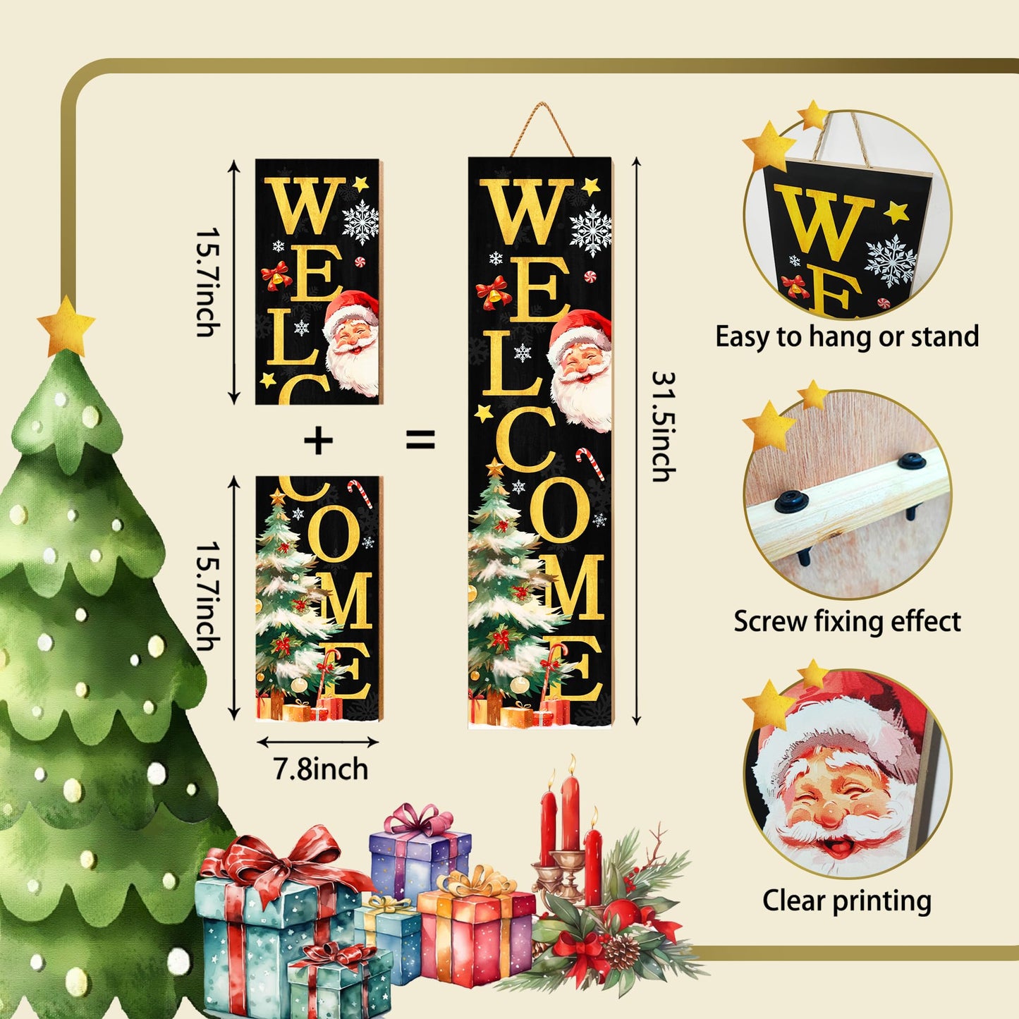 Christmas Wooden Porch Sign 31.5" Santa Welcome Porch Sign with Stars, Snowflakes, and Gift Accents for Home Front Door Yard Party Decor