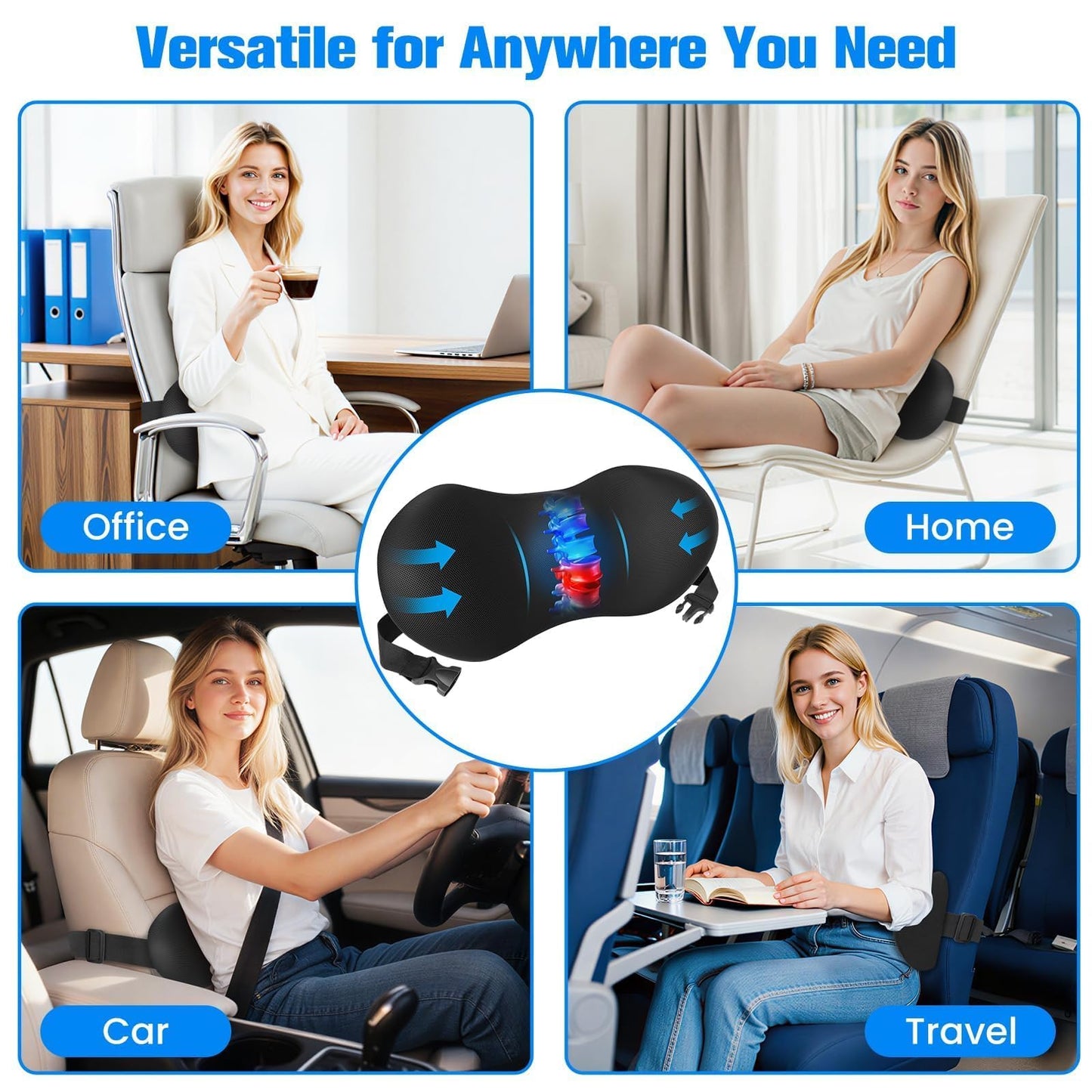 SweetSlubr Lumbar Support Pillow for Office Chair - Memory Foam Lumbar Pillow with Detachable Strap & Breathable Cover, Ergonomic Back Support for Office Chair, Car Seat Cushion, Bed Rest (Black)