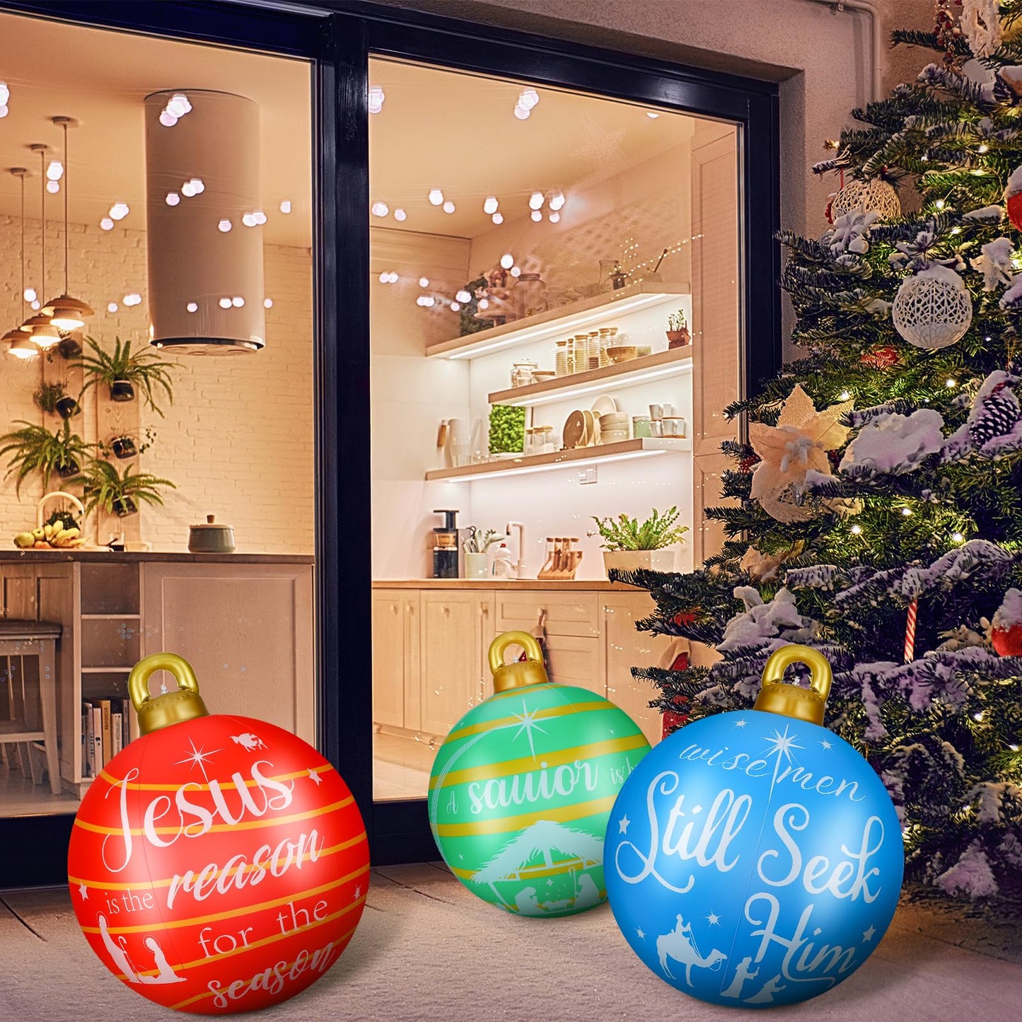 Jetec 3 Pcs 32 Inch Giant PVC Inflatable Christmas Ball Inflatable Decorated Ball Large Xmas Inflatables Ornaments Decorations for Xmas Holiday Outdoor Blow up Yard(Red, Green, Blue,Nativity Scene)