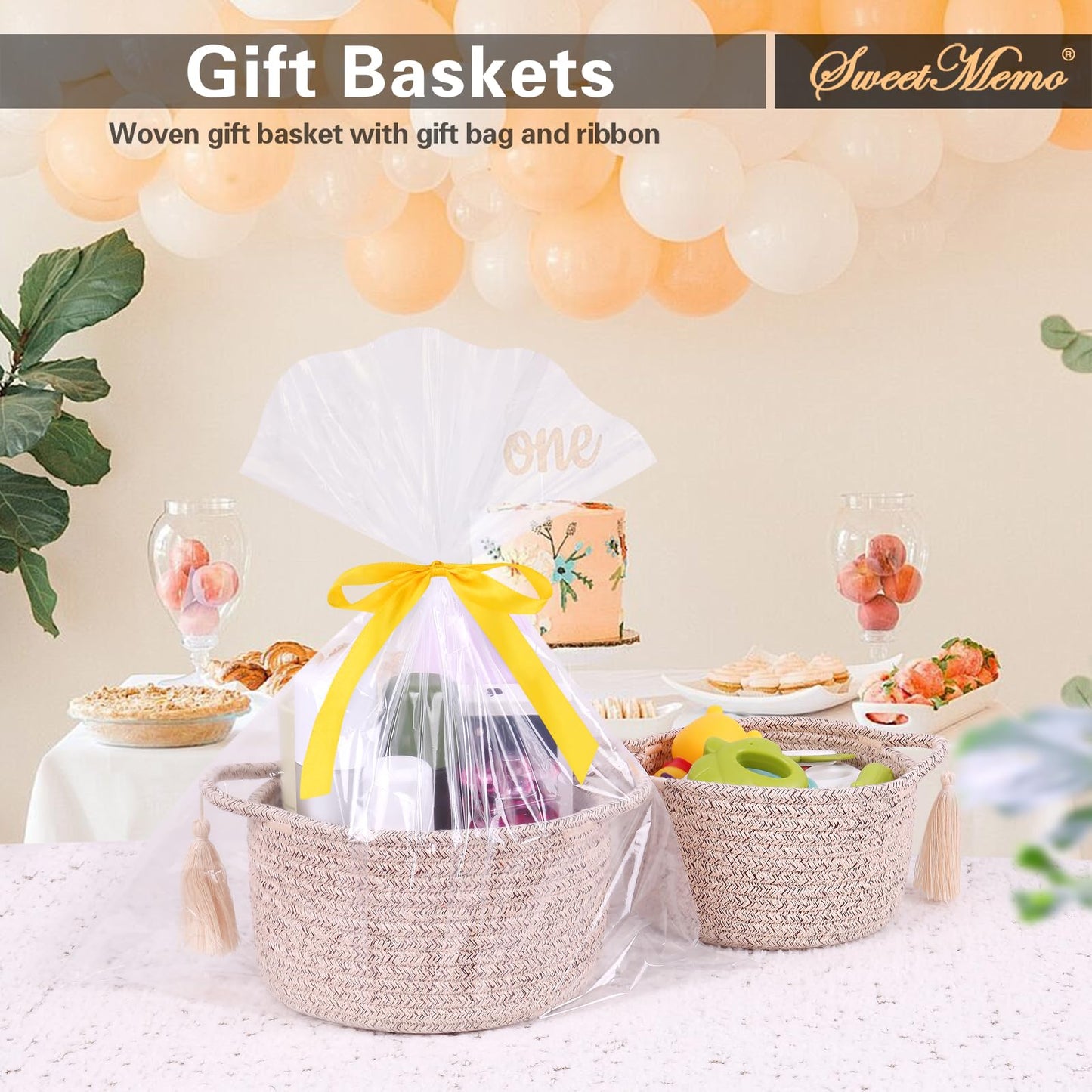 SweetMemo Small Gift Basket Empty Set of 2 - Little Cute Woven Rope Organizer Bins for Baby Shower Gifting, Makeup, Bathroom, Desk, Decorative Vanity - Pre-Shaped, Brown