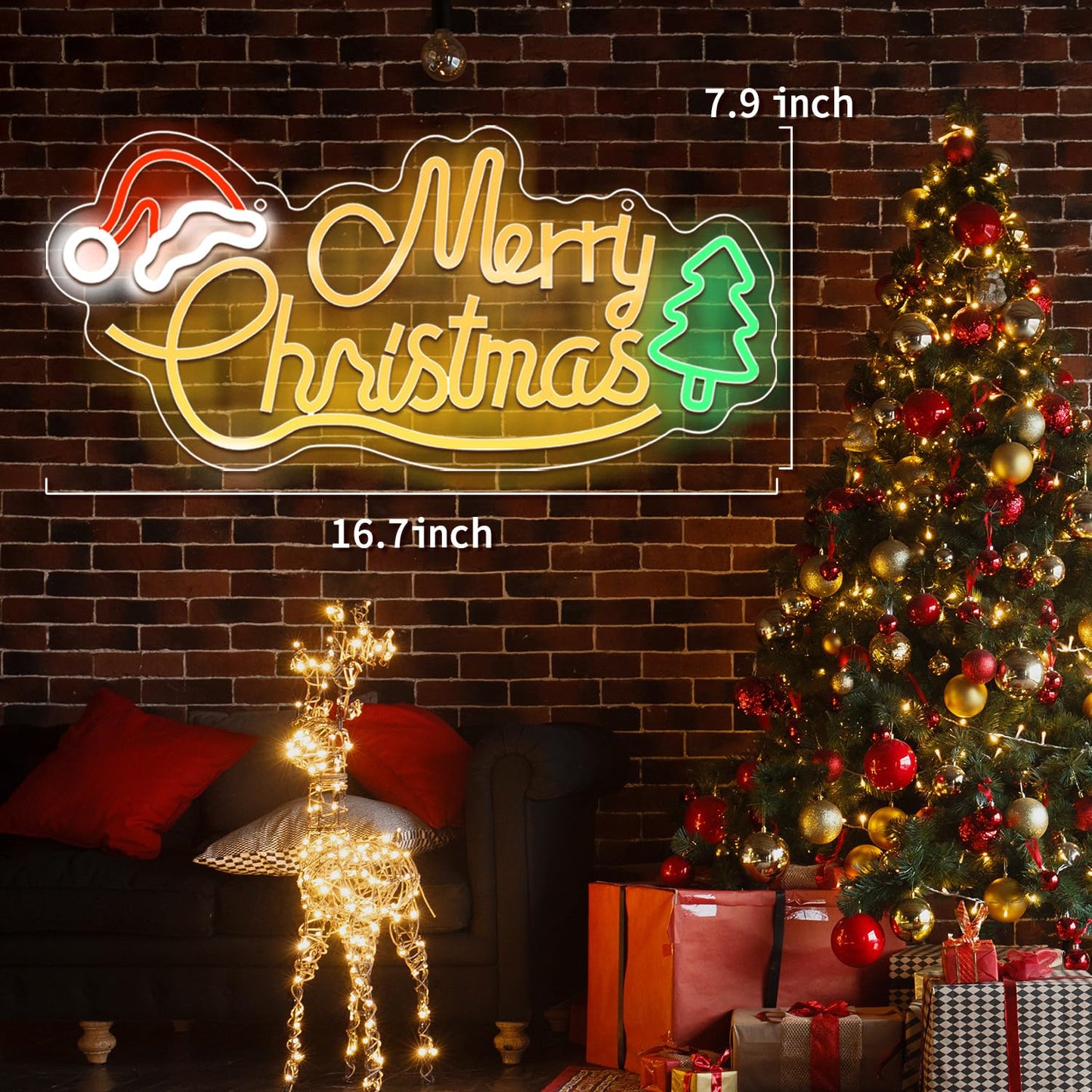 Louxiar Merry Christmas Neon Sign, 16.7" x 7.9" Acrylic Christmas Neon Sign with Xmas Tree and Santa Hat, USB Powered Warm White LEDs for Wall Window Bedroom Living Room Home