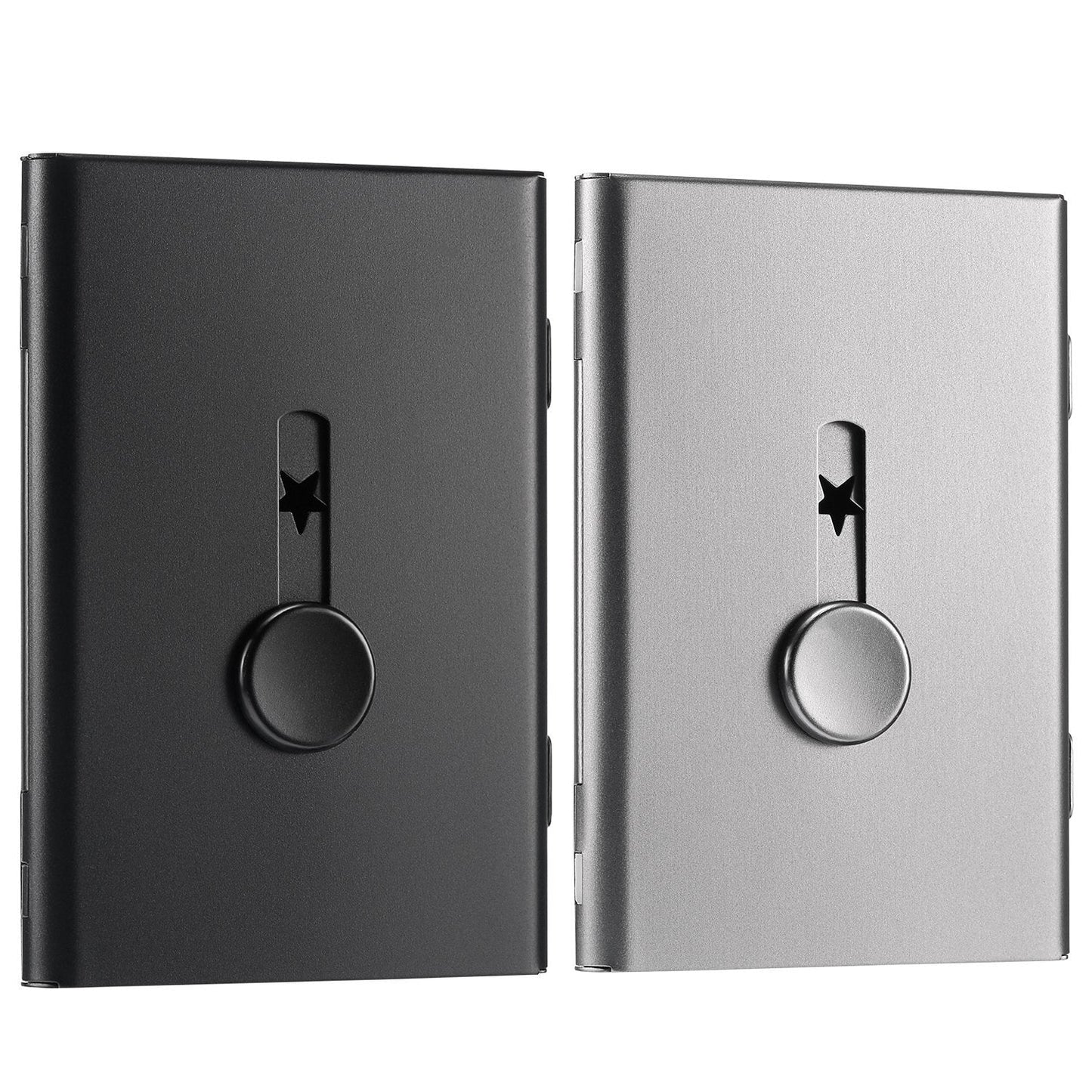 Tatuo 2 Pcs Business Card Holder Thumb Drive Black Gray Stainless Steel Business Name Card Case Portable Slide out Name Holder Wallet Nice Design Pocket for Men and Women