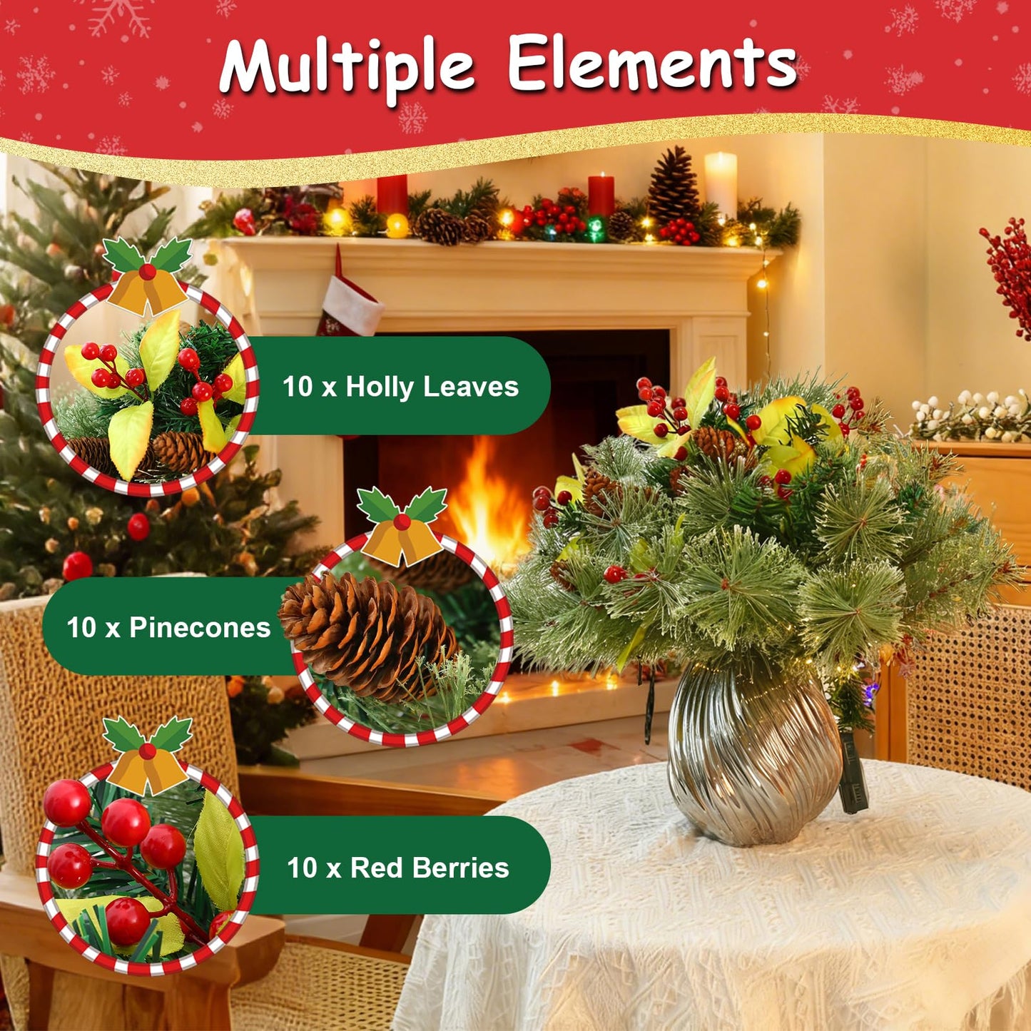 JOYHALO 2 Pack Set 18 Inch Christmas Urn Filler with 60 Warm White Lights, Battery Box with Timer, Xmas Pot Fillers with Branches Berries Pinecones, Outdoor Xmas Trees for Porch Pathway Yard Decor