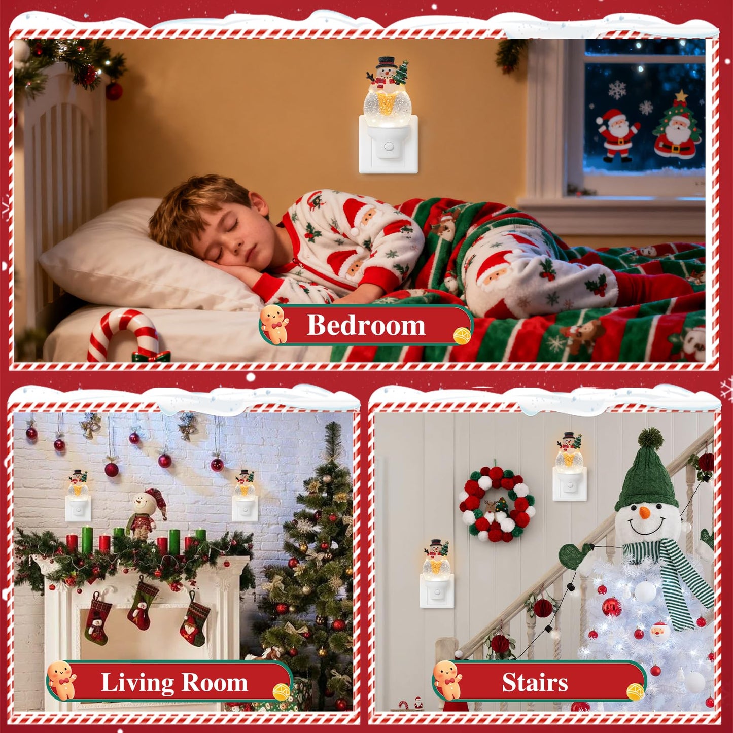 Christmas Night Light Plug into Wall Glitter Water Nightlight with USB/Outlet Options, Christmas Snowman Ice Cream Decorative Nightlight for Bedroom Holiday Decorations Gifts (Snowman Ice Cream)