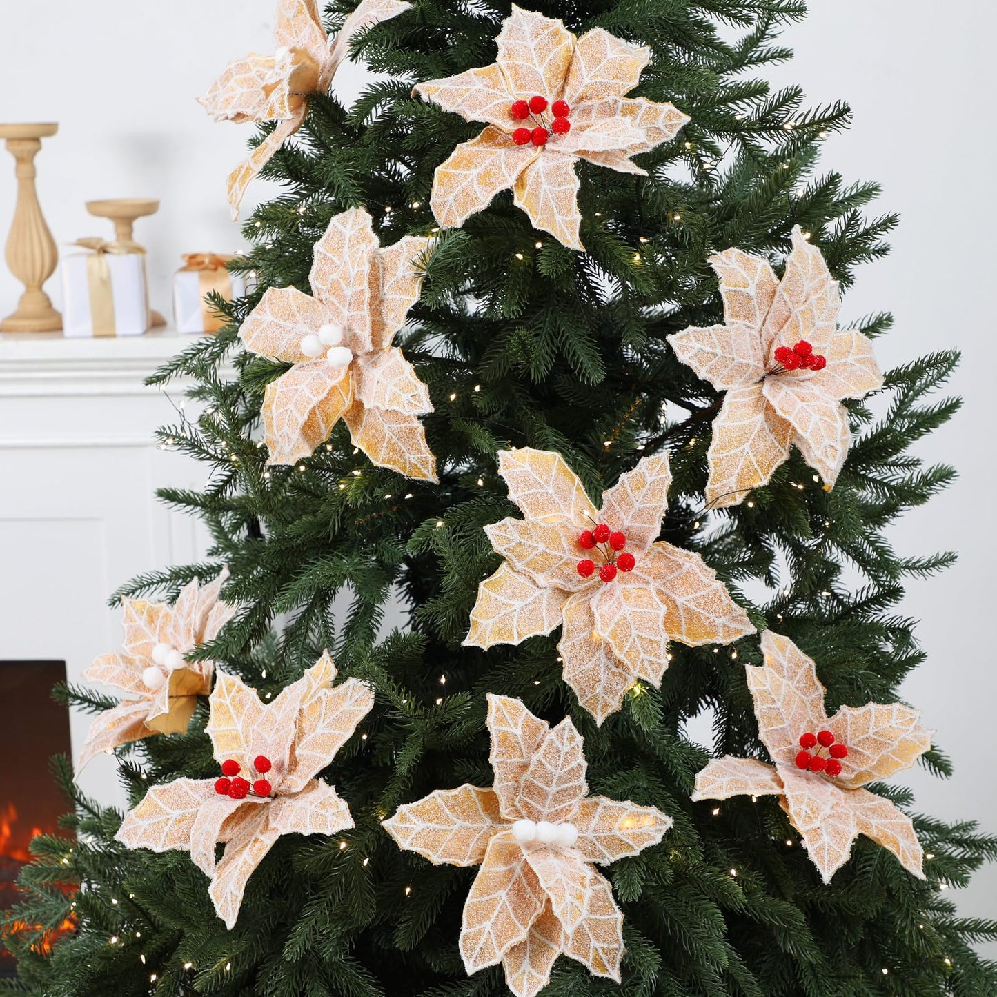 Daifunli 6 Pcs Large Christmas Gingerbread Poinsettia Flowers Tree Picks with Berries 10.6 Inches Christmas Tree Ornaments for Xmas Home Vase Decor(Gold)