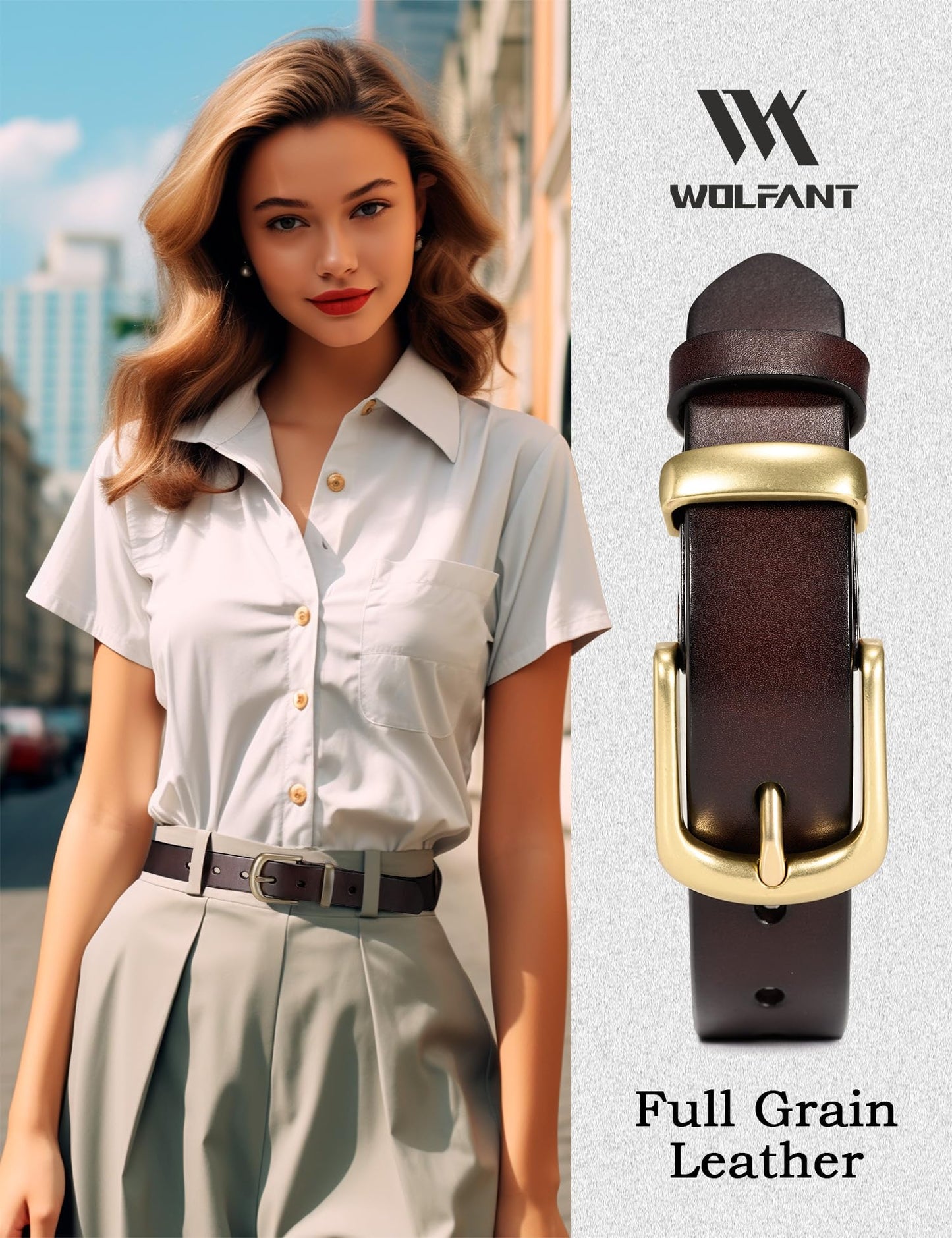 WOLFANT Womens Belts for Jeans in Gift Box,1.1" Ladies Belt with Gold Buckle,100% Italian Full Grain Real Solid Leather