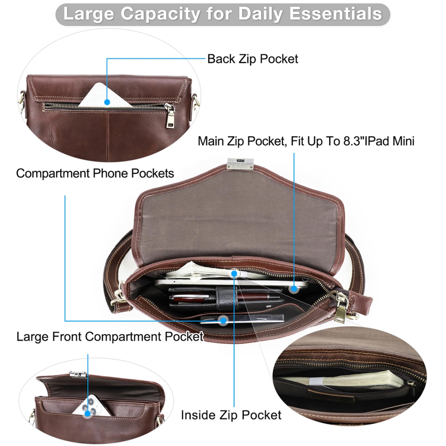 Top Grain Genuine Leather Clutch Wallet for Man & Woman, Handmade Retro Design, Combination Lock & Adjustable Shoulder Strap & Wristlet, Portable Handbag for Cards/Checks/Phone/Banknote, Dark Coffee